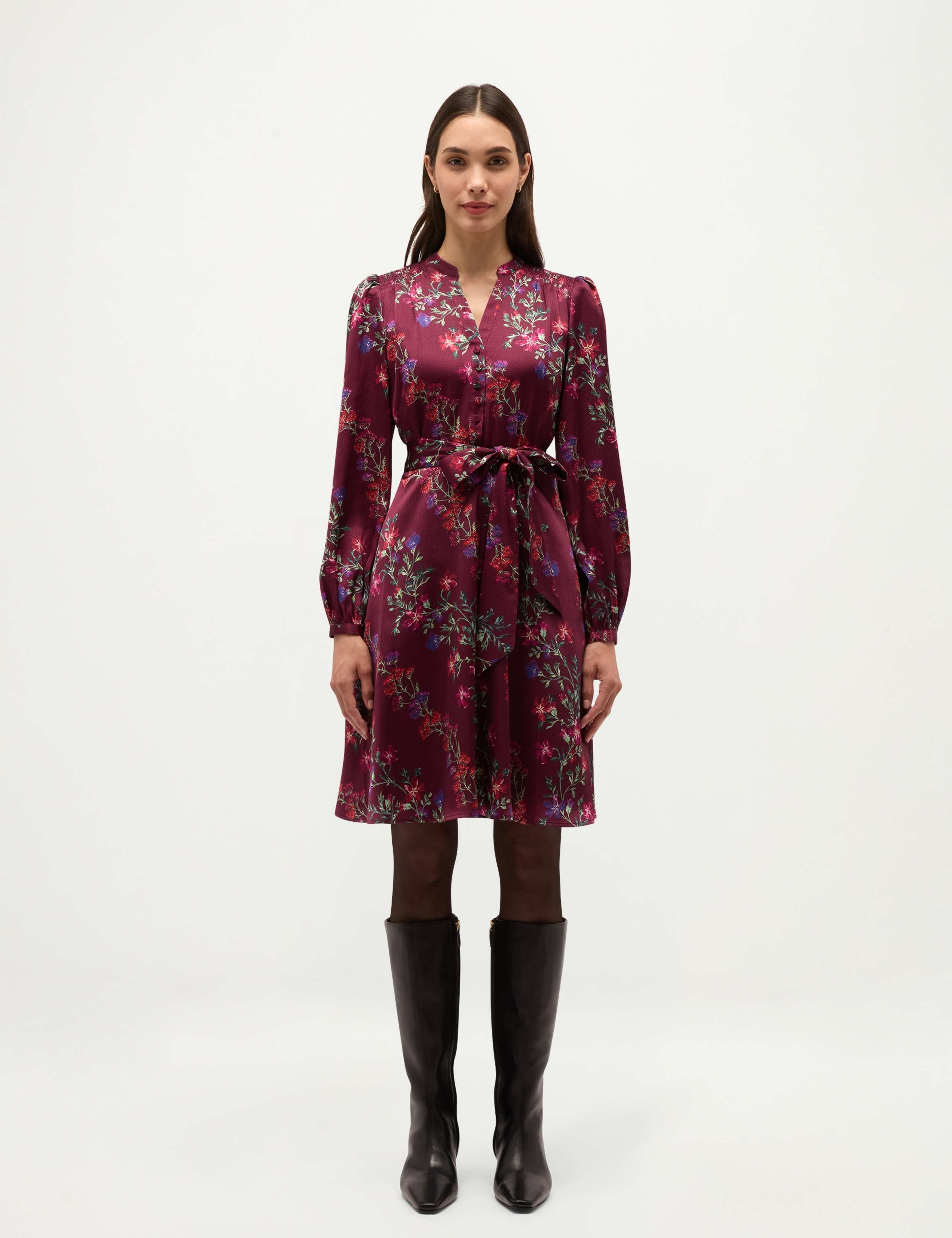 Satin Floral V Neck Tie Waist Mini Dress 4 of 6