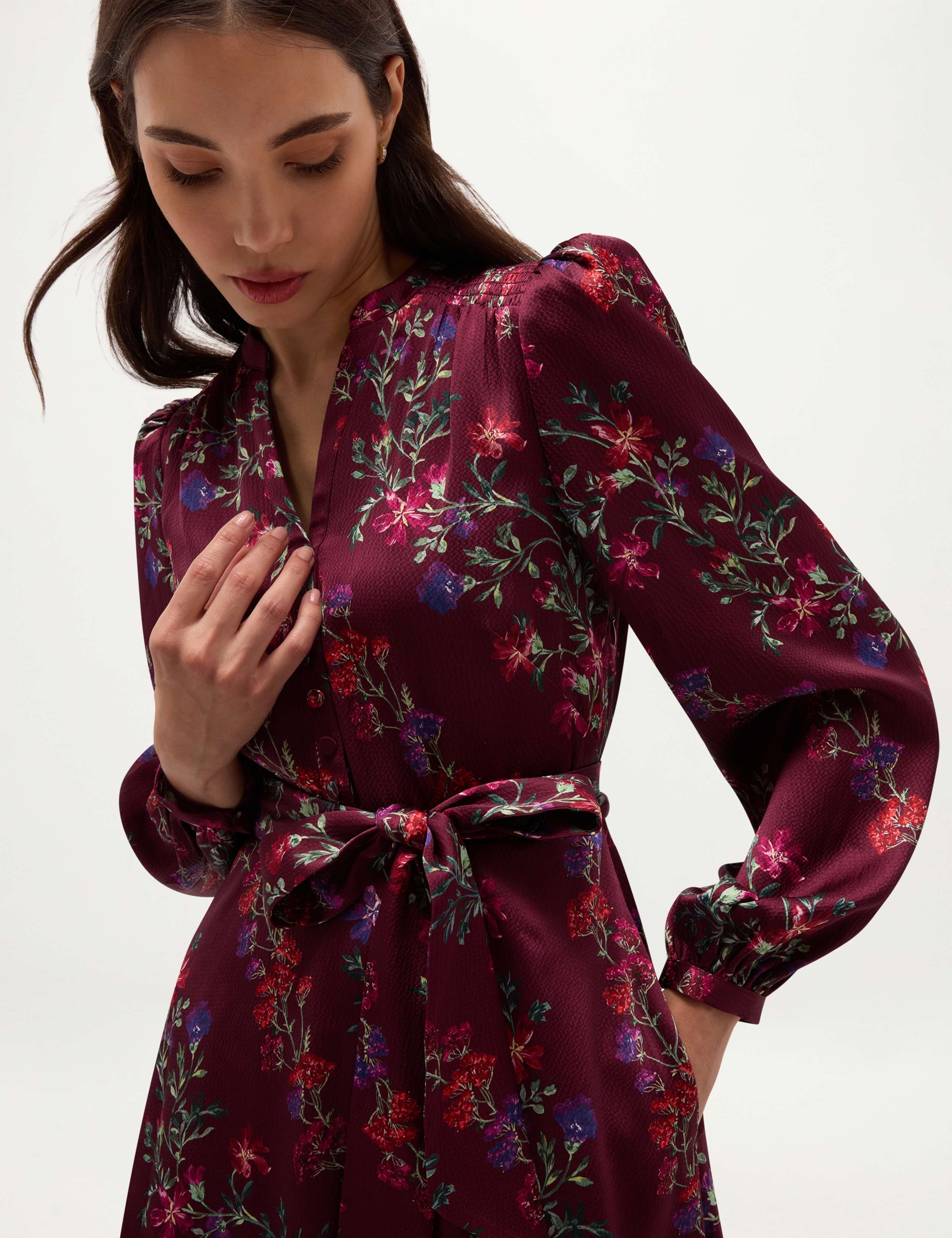 Satin Floral V Neck Tie Waist Mini Dress 6 of 6