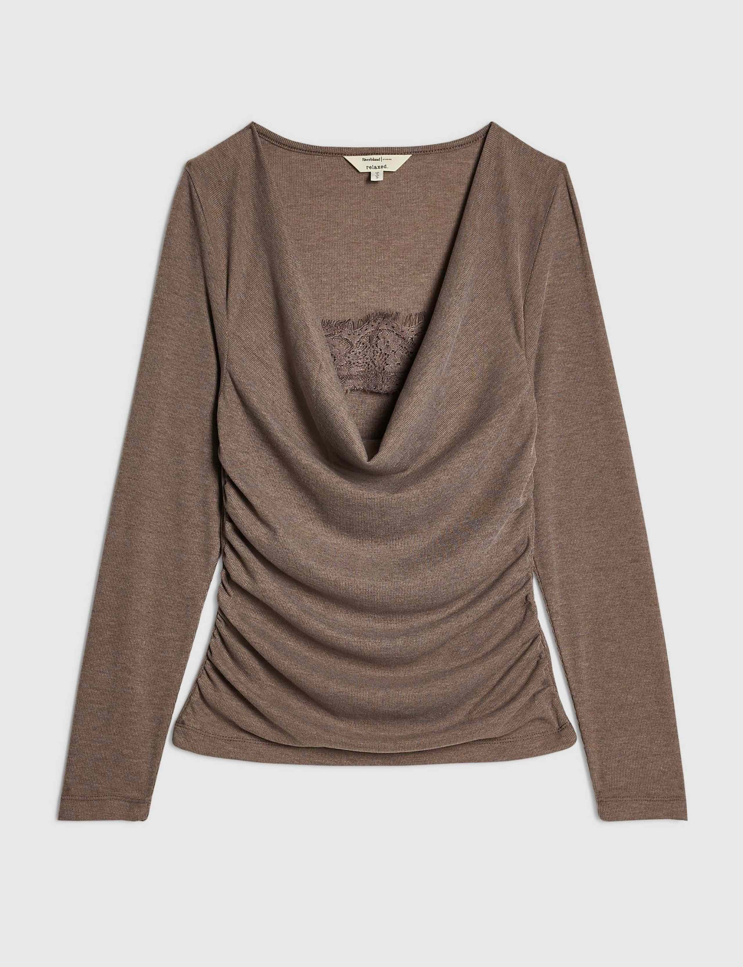 Ribbed Lace Draped Cowl Neck Top 3 of 5
