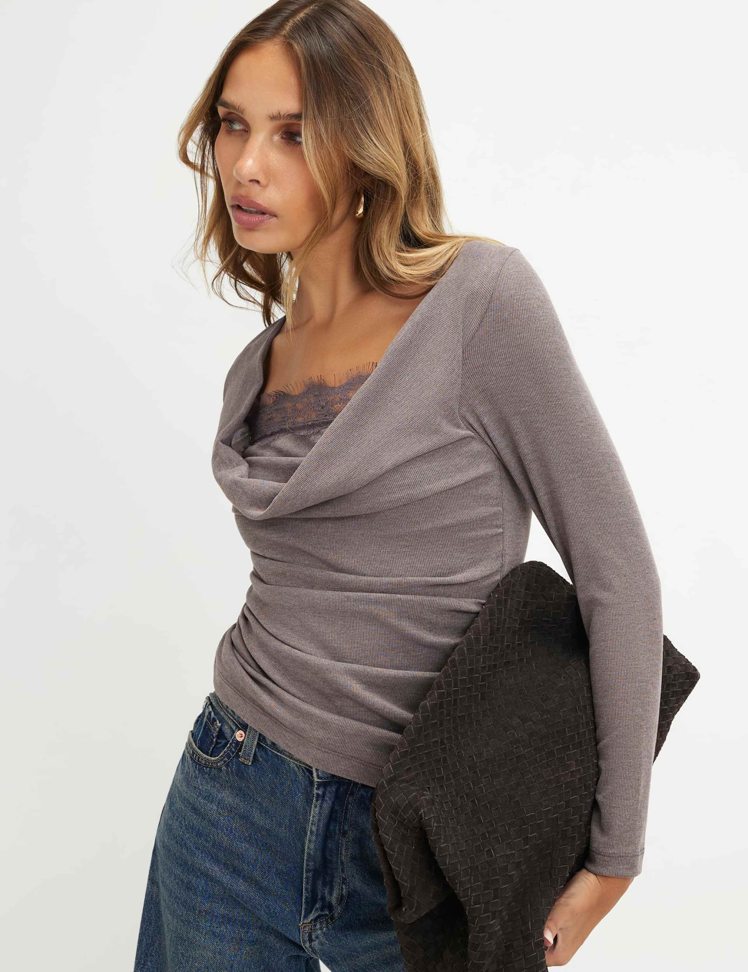 Ribbed Lace Draped Cowl Neck Top 4 of 5