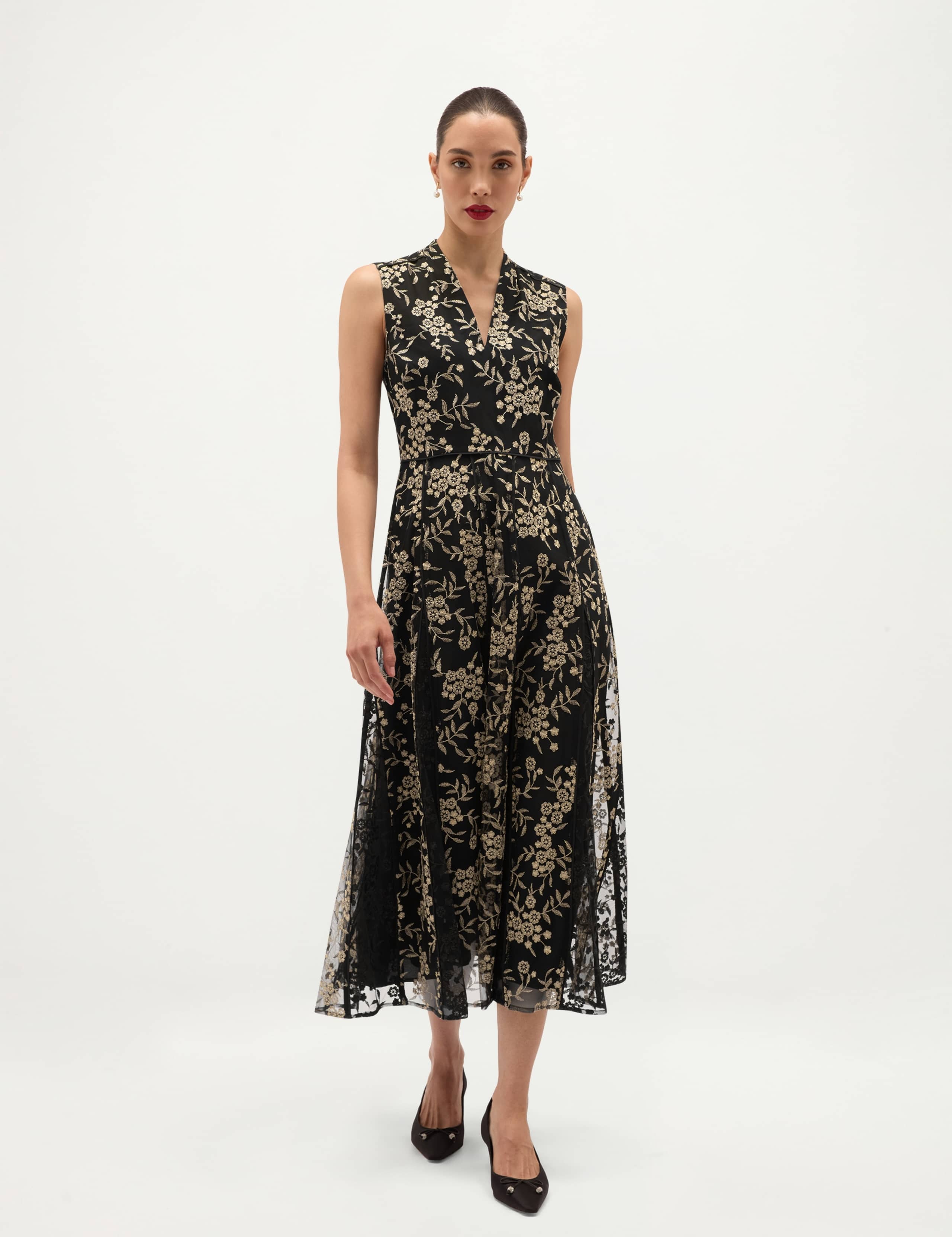 Floral Embroidered V Neck Midi Dress 1 of 7