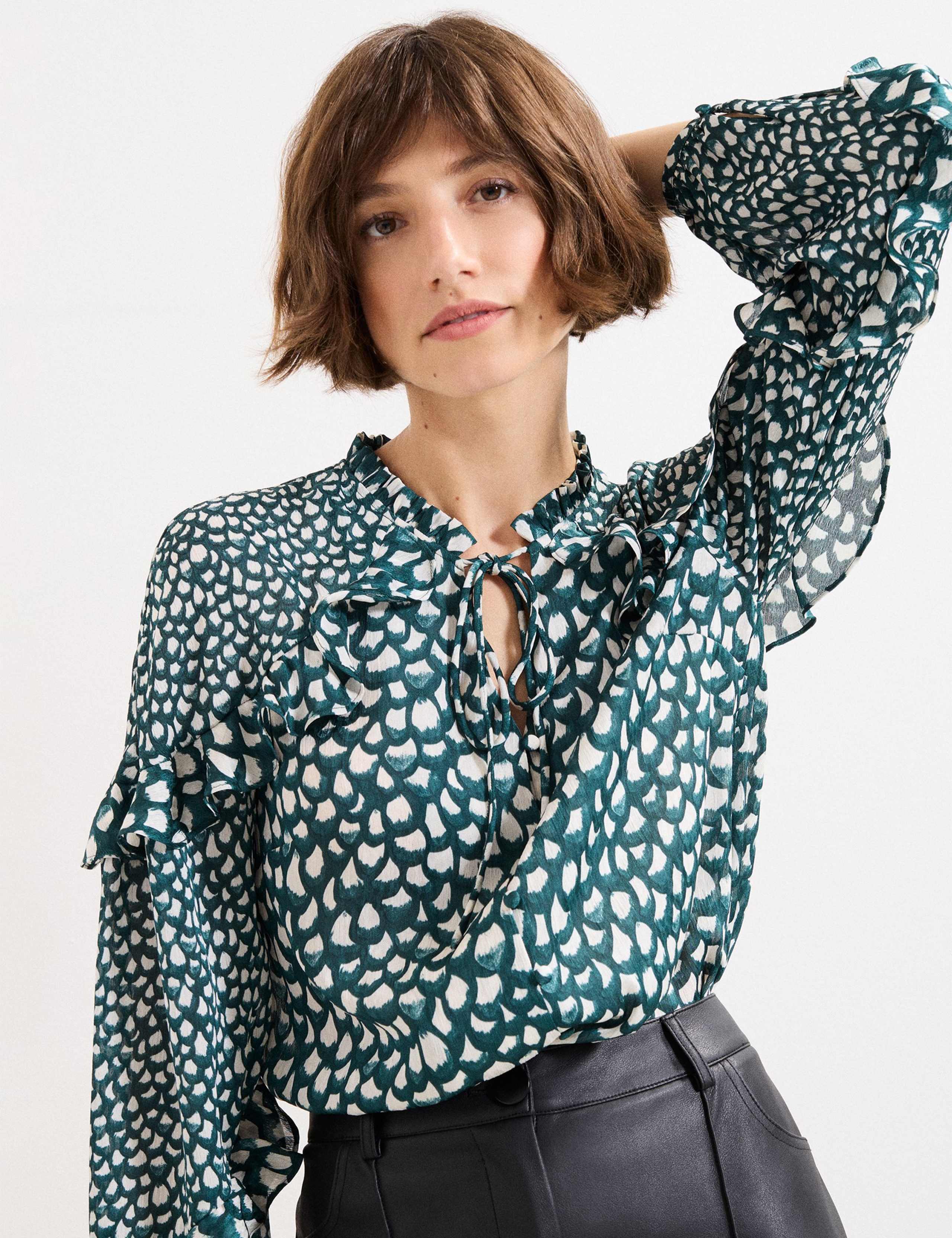 Printed Tie Neck Frill Detail Blouse 4 of 6