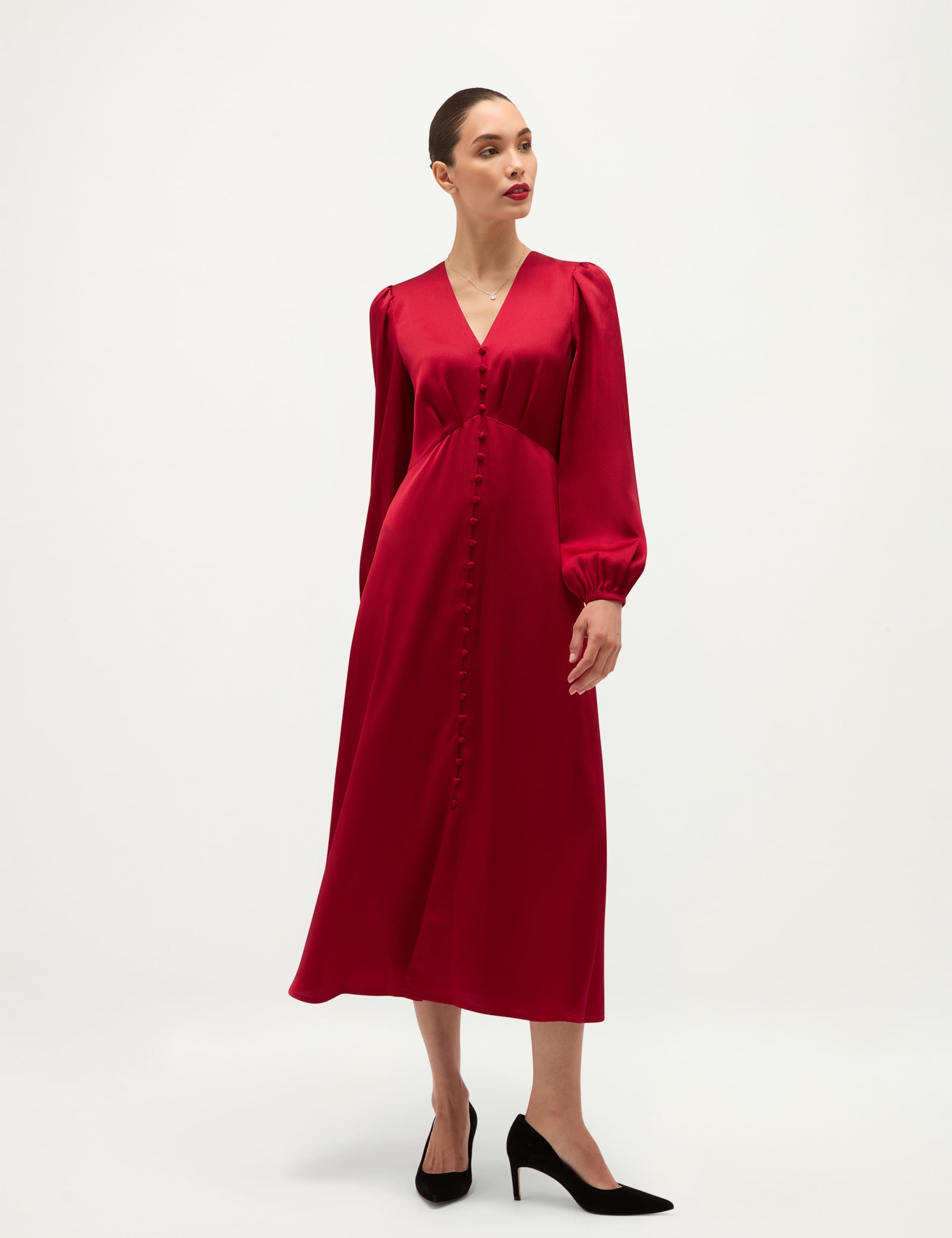 Satin Textured V Neck Blouson Sleeve Midi Dress 1 of 8