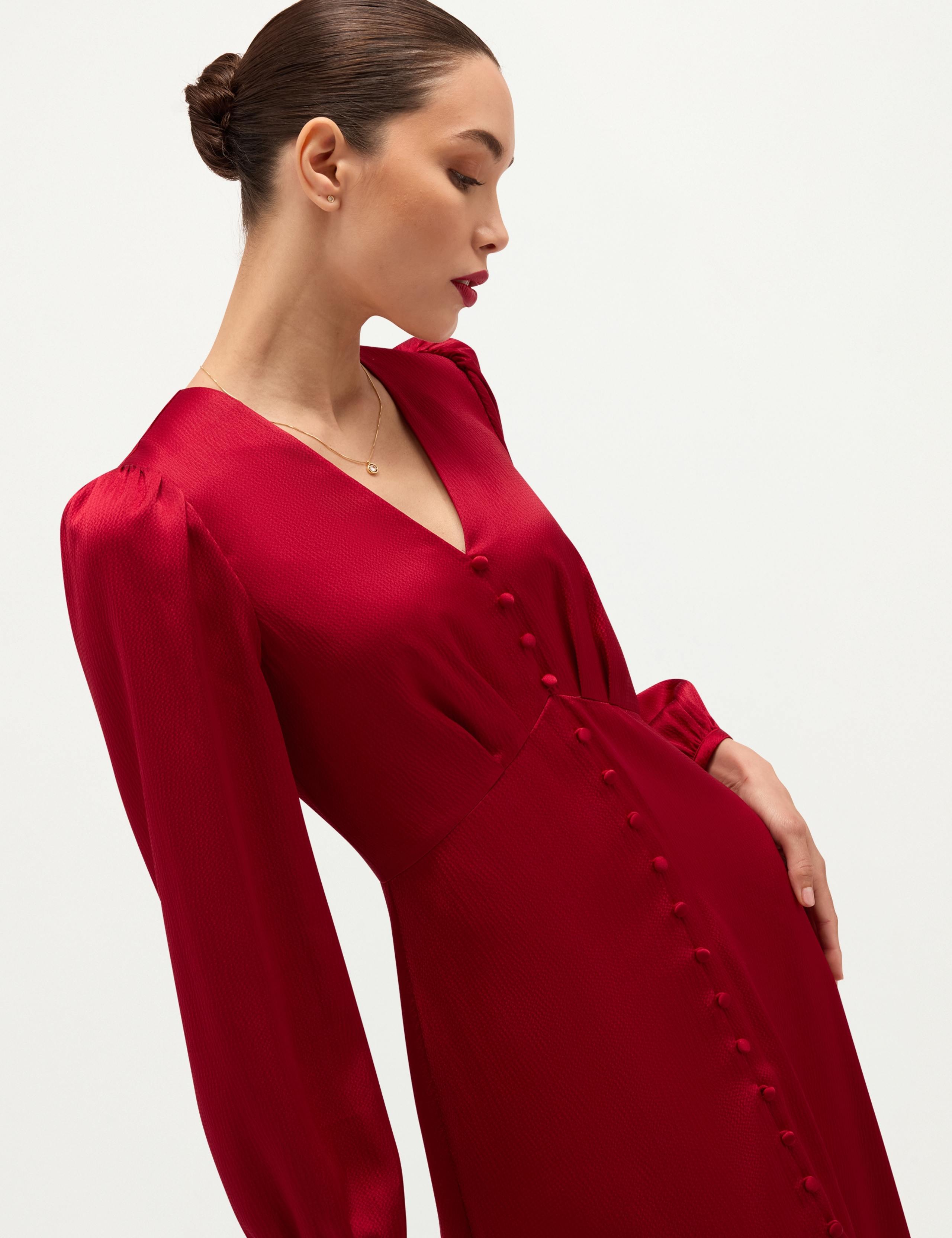 Satin Textured V Neck Blouson Sleeve Midi Dress 6 of 8