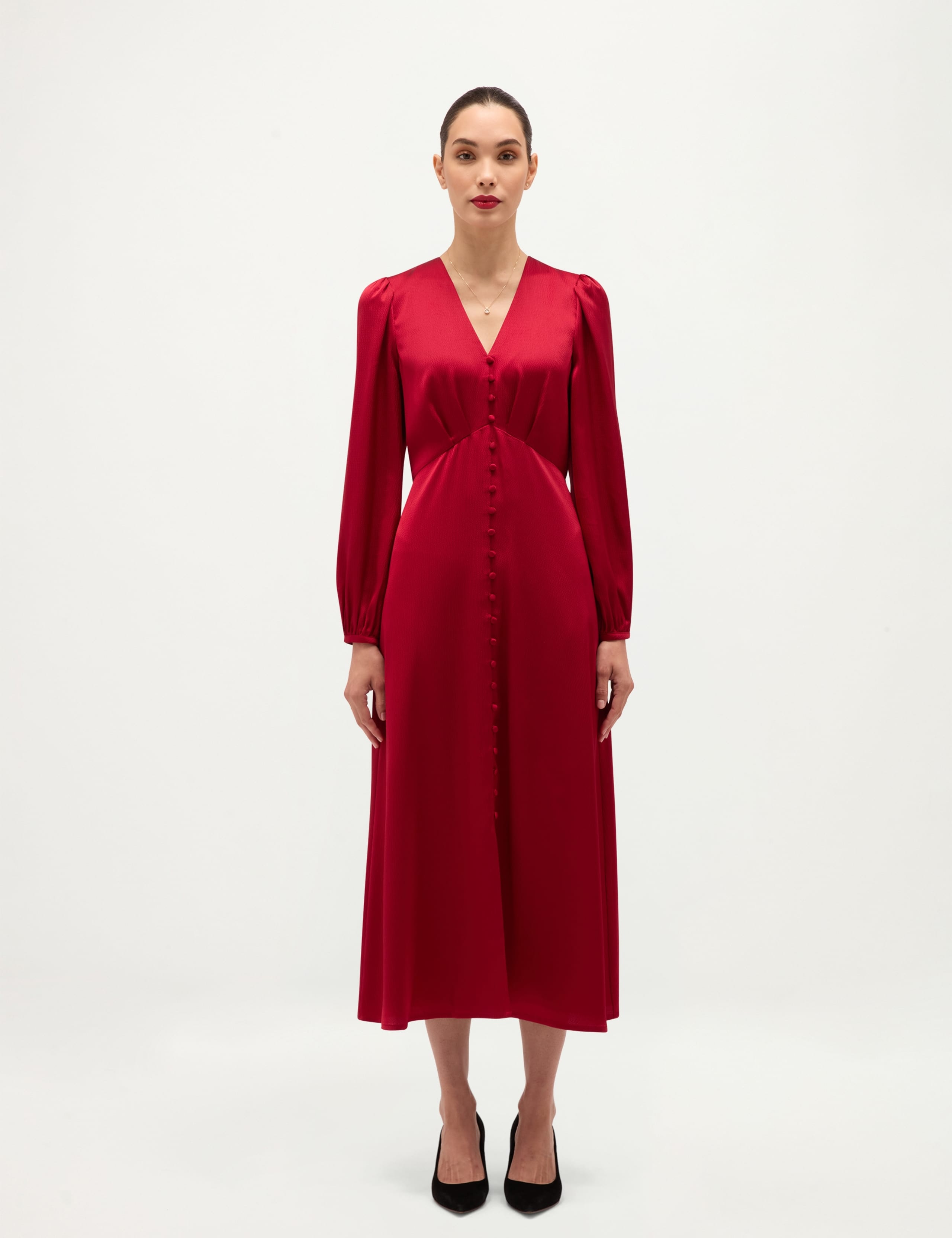 Satin Textured V Neck Blouson Sleeve Midi Dress 7 of 8