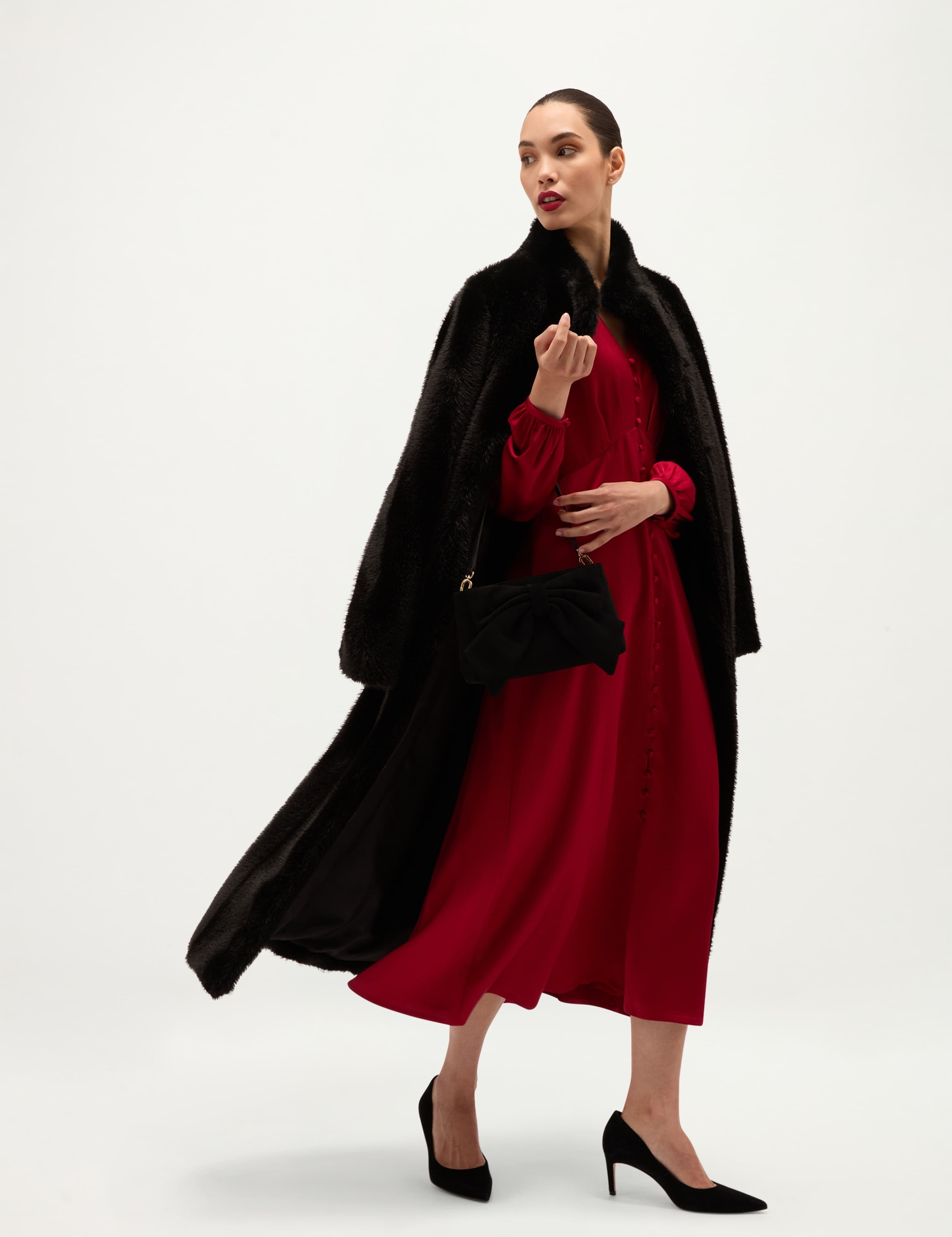 Satin Textured V Neck Blouson Sleeve Midi Dress 8 of 8