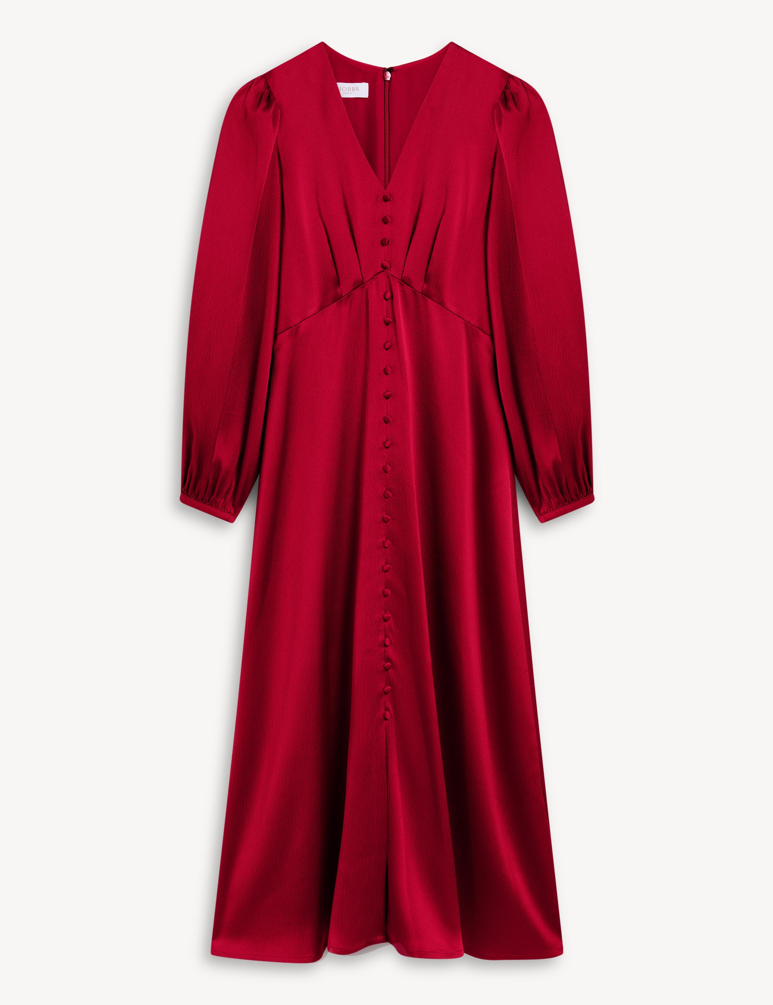 Satin Textured V Neck Blouson Sleeve Midi Dress 2 of 8