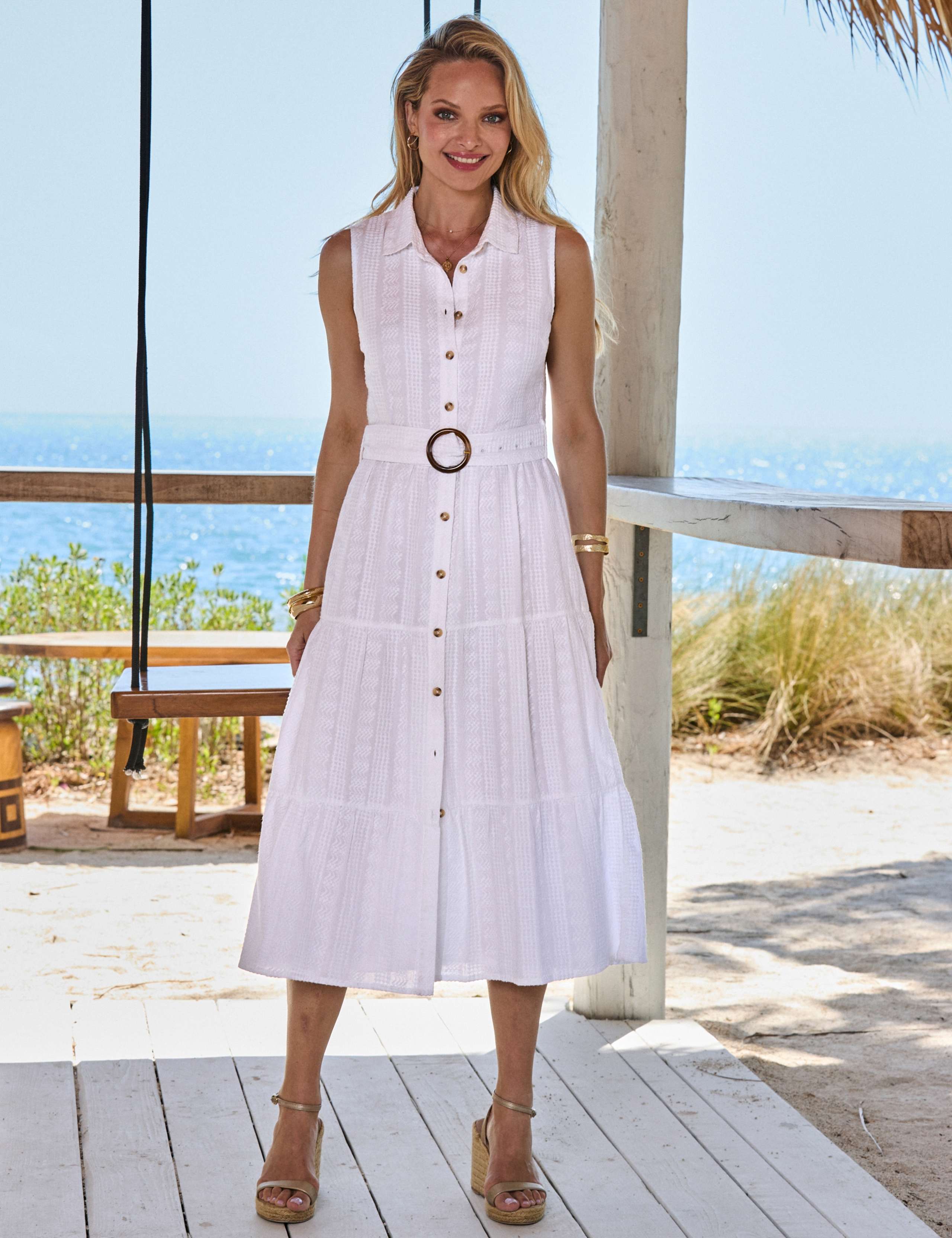 Pure Cotton Textured Belted Midi Shirt Dress 1 of 7