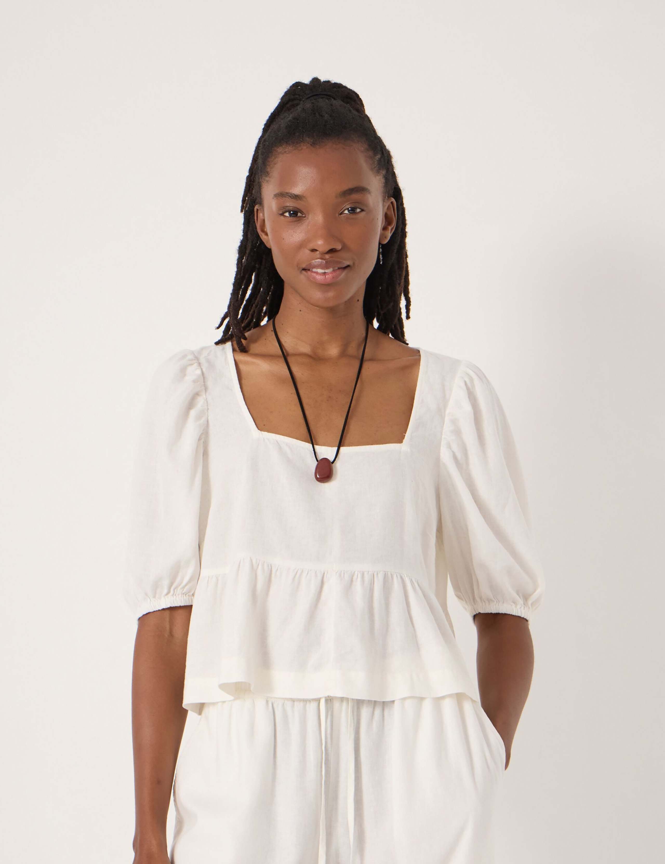 Linen Rich Square Neck Puff Sleeve Beach Top 1 of 5