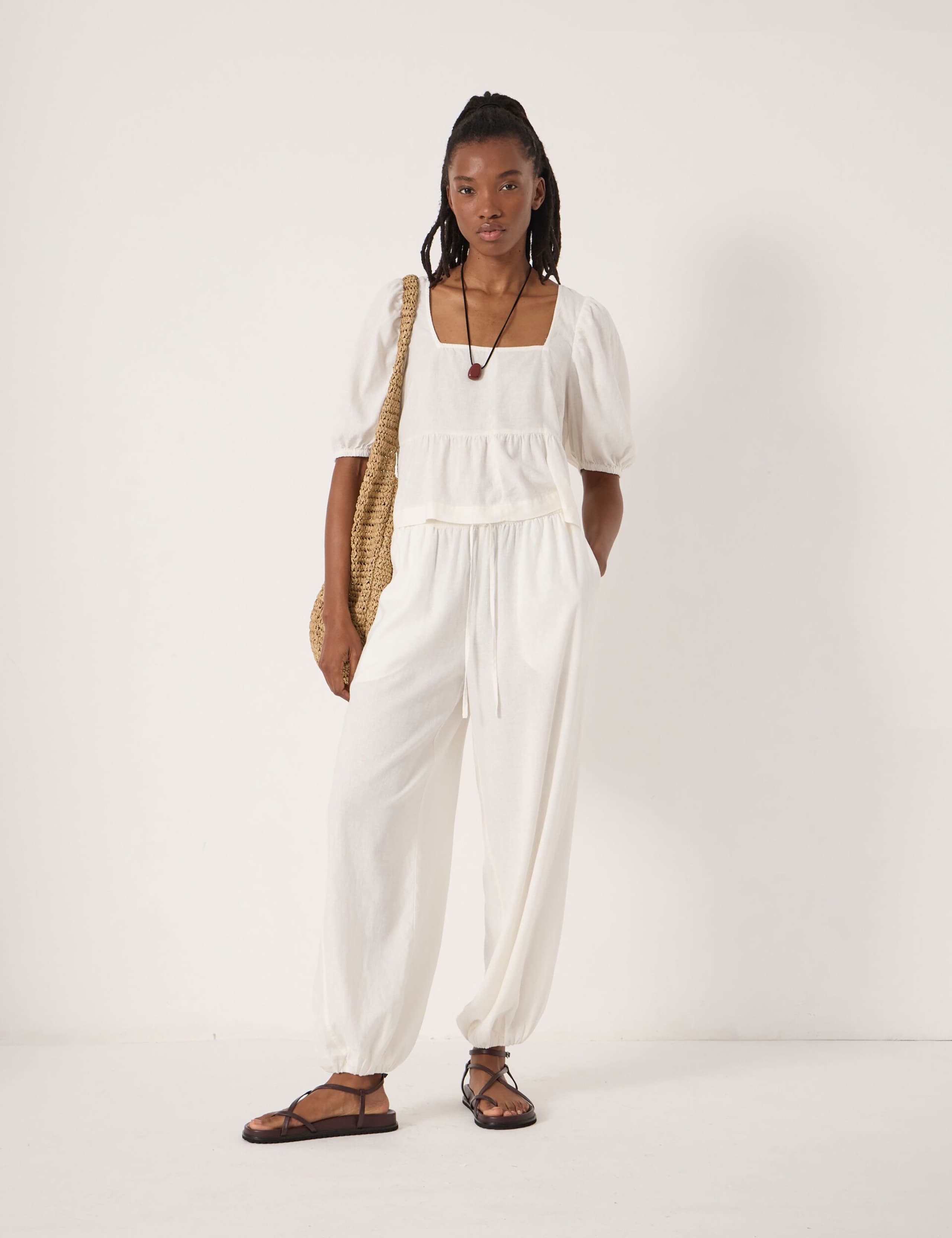 Linen Rich Square Neck Puff Sleeve Beach Top 3 of 5