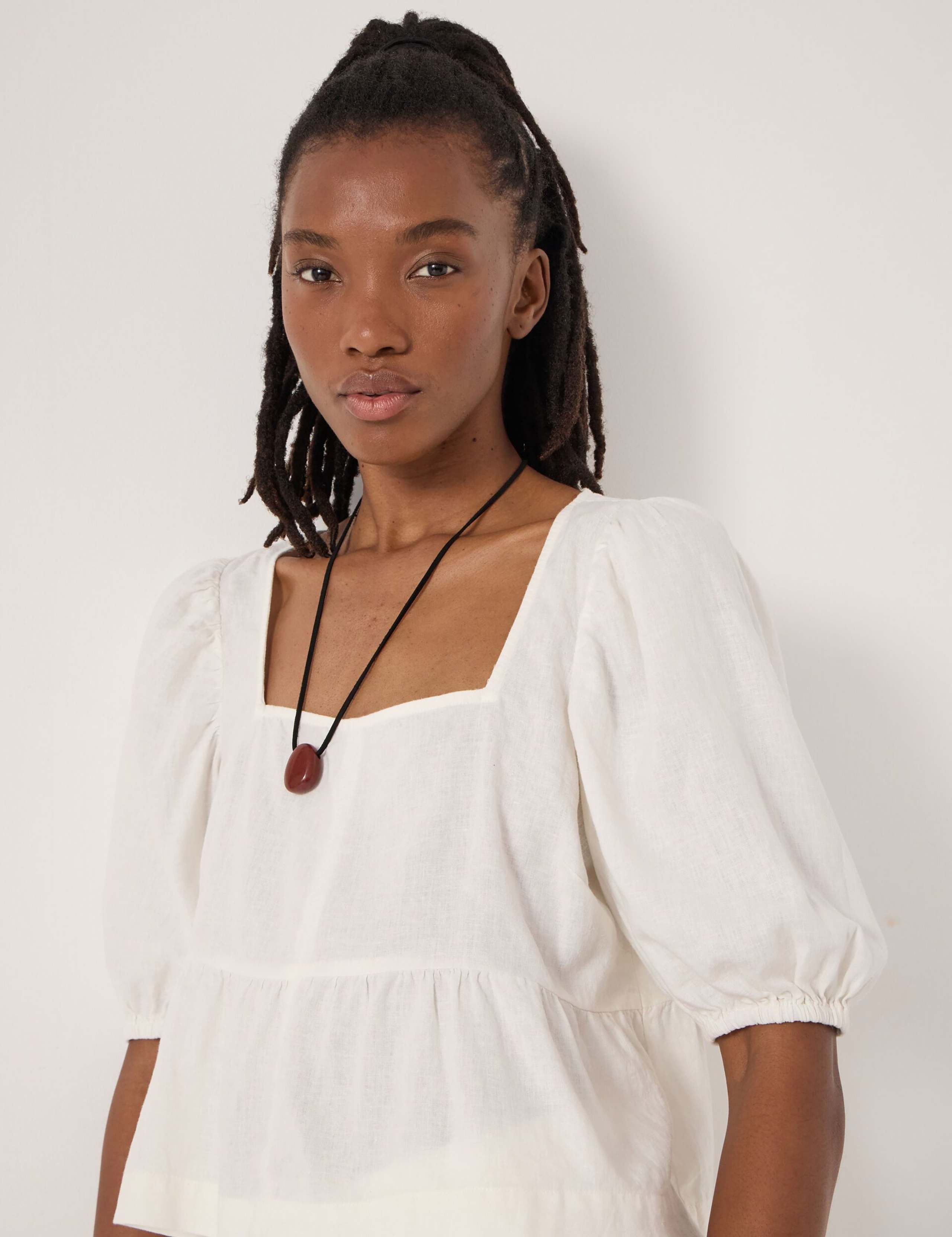 Linen Rich Square Neck Puff Sleeve Beach Top 5 of 5