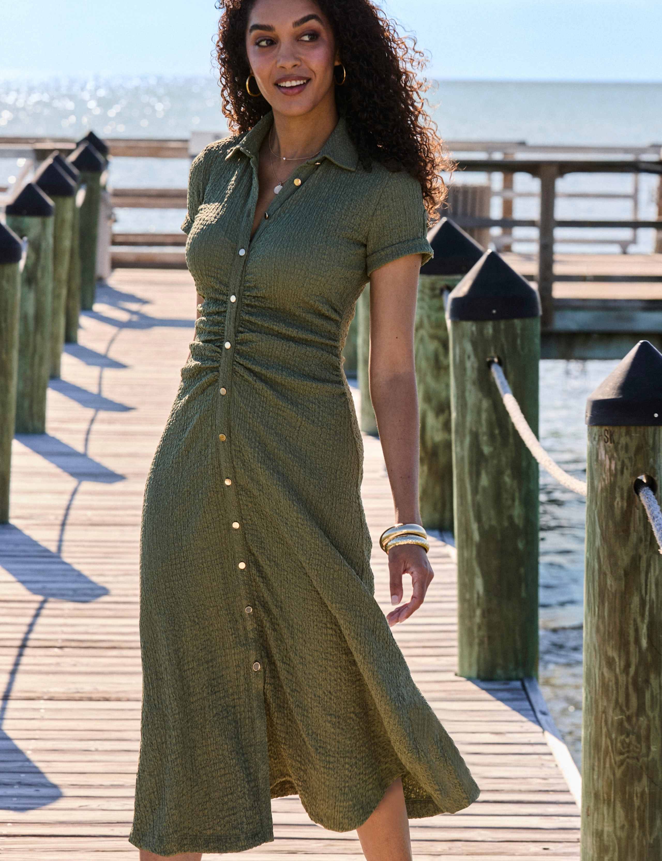 Textured Ruched Button Through Midi Shirt Dress 5 of 8