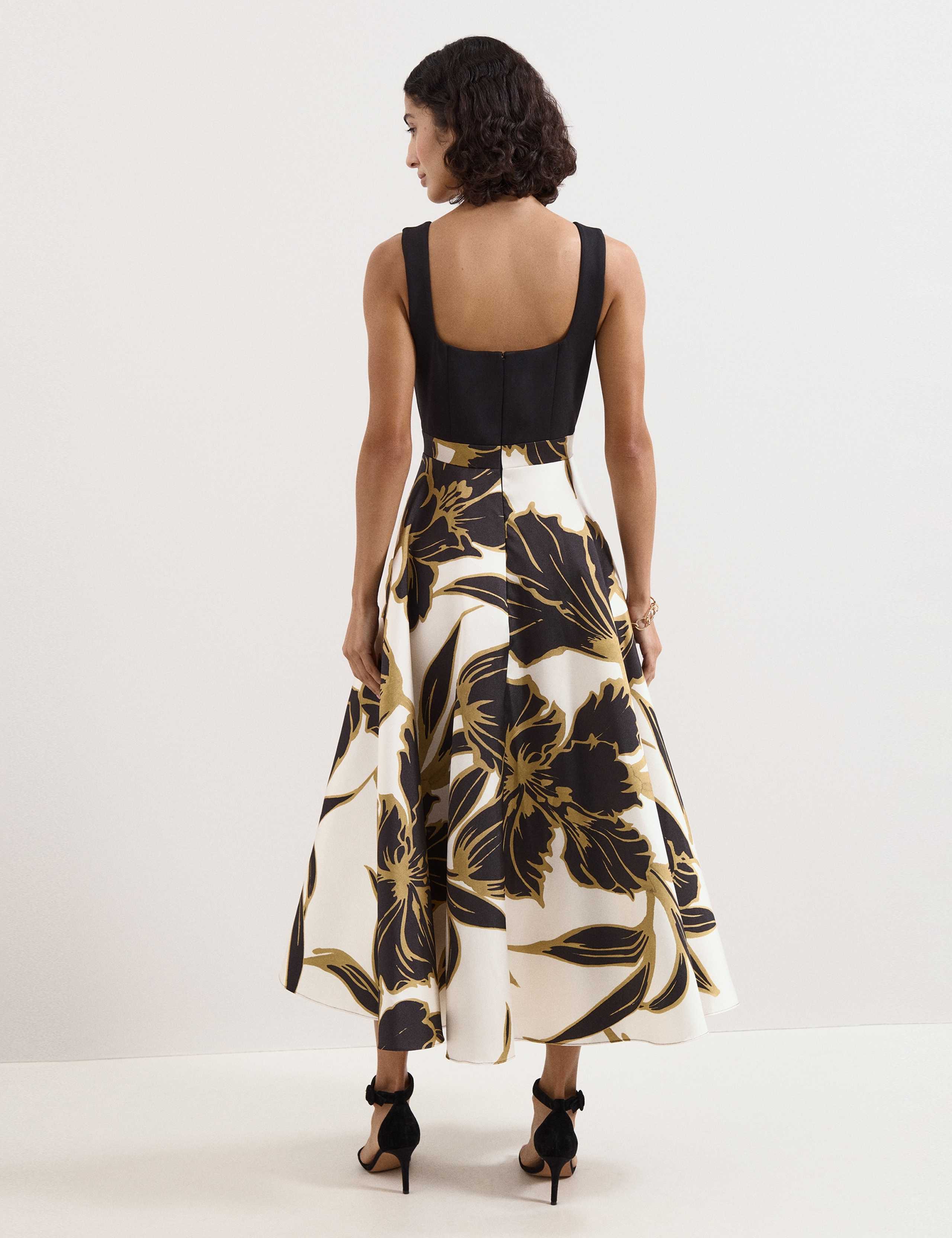 Satin Floral Square Neck Midi Skater Dress 4 of 6
