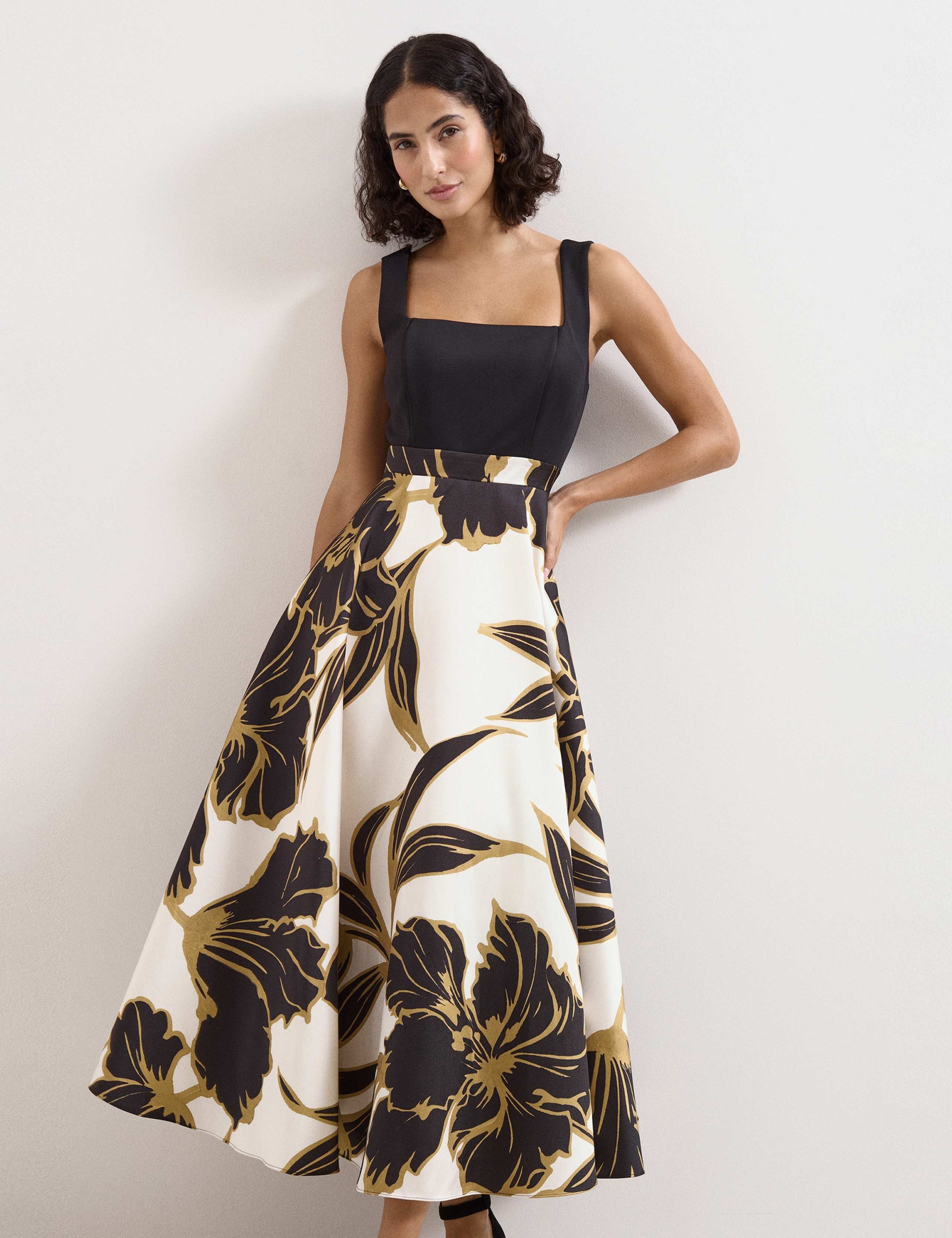 Satin Floral Square Neck Midi Skater Dress 5 of 6