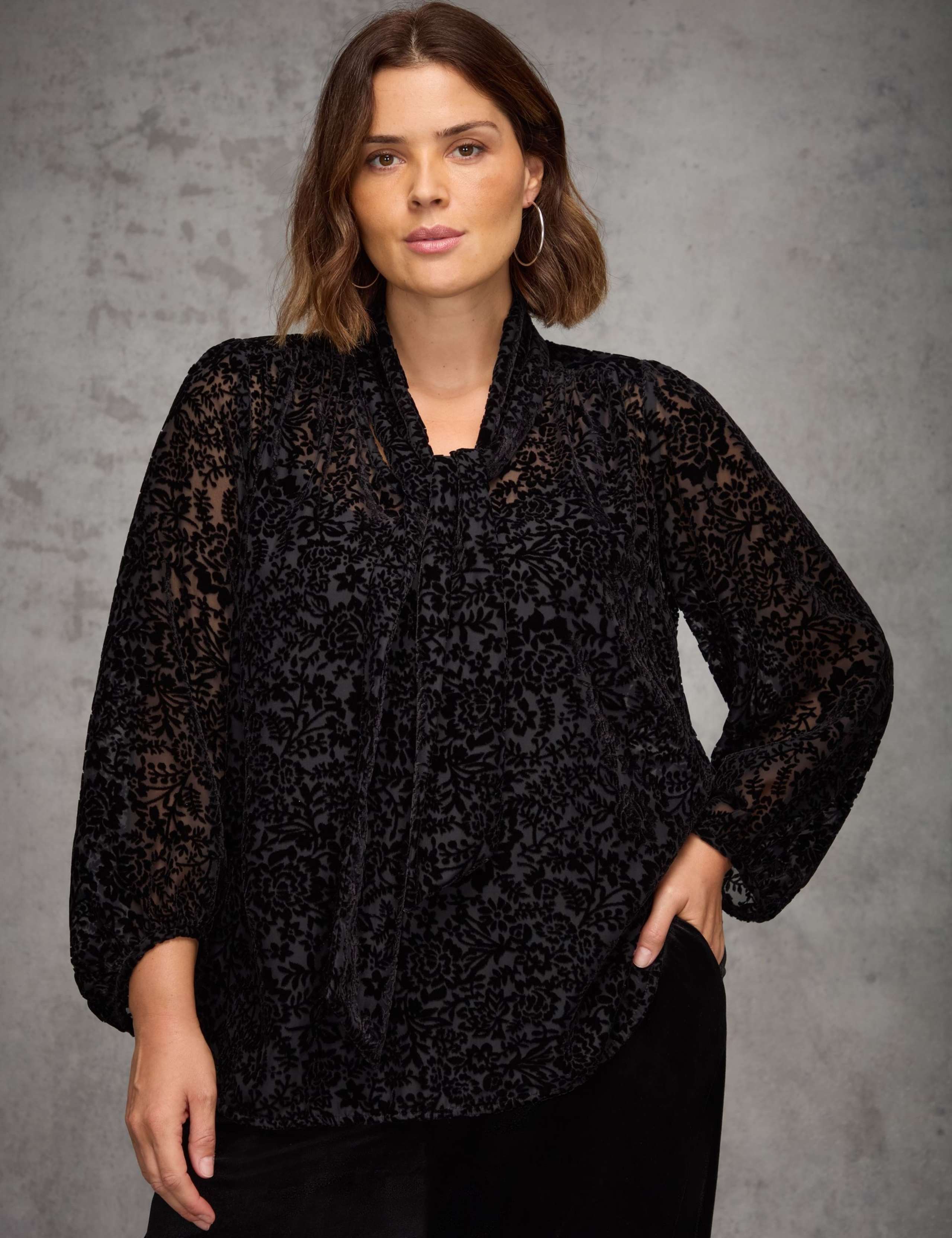 Velvet Burnout Jacquard Tie Neck Blouse 1 of 3