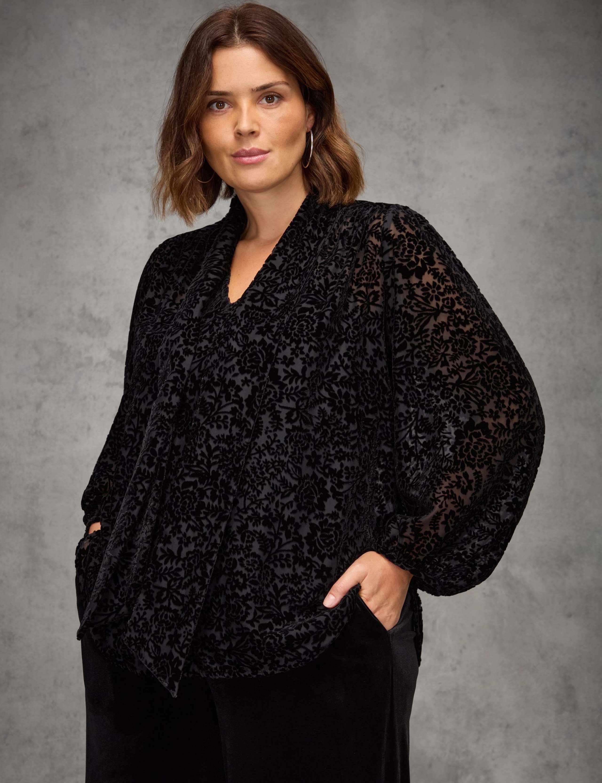 Velvet Burnout Jacquard Tie Neck Blouse 2 of 3