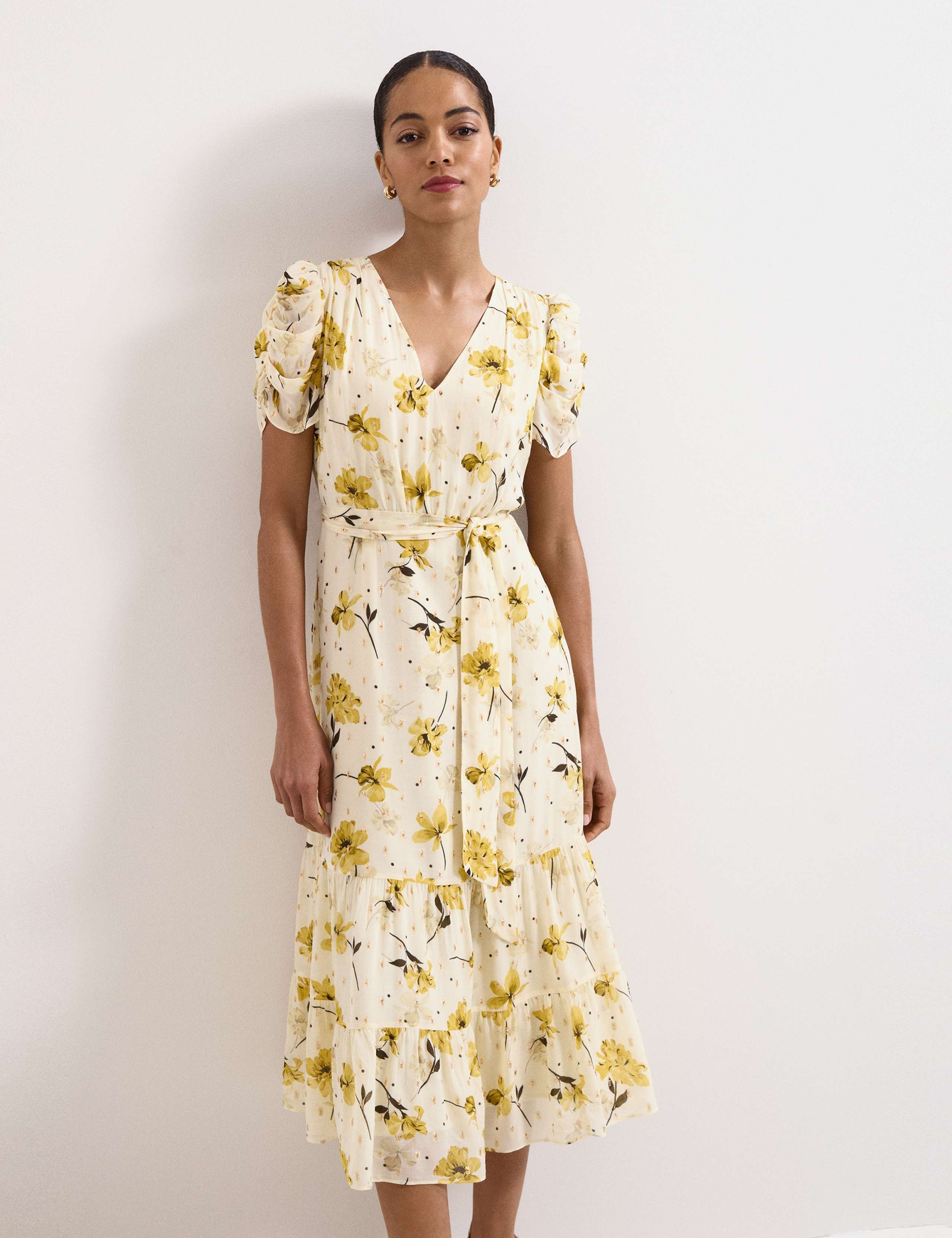 Floral V-Neck Tie Waist Midi Tiered Dress 4 of 8