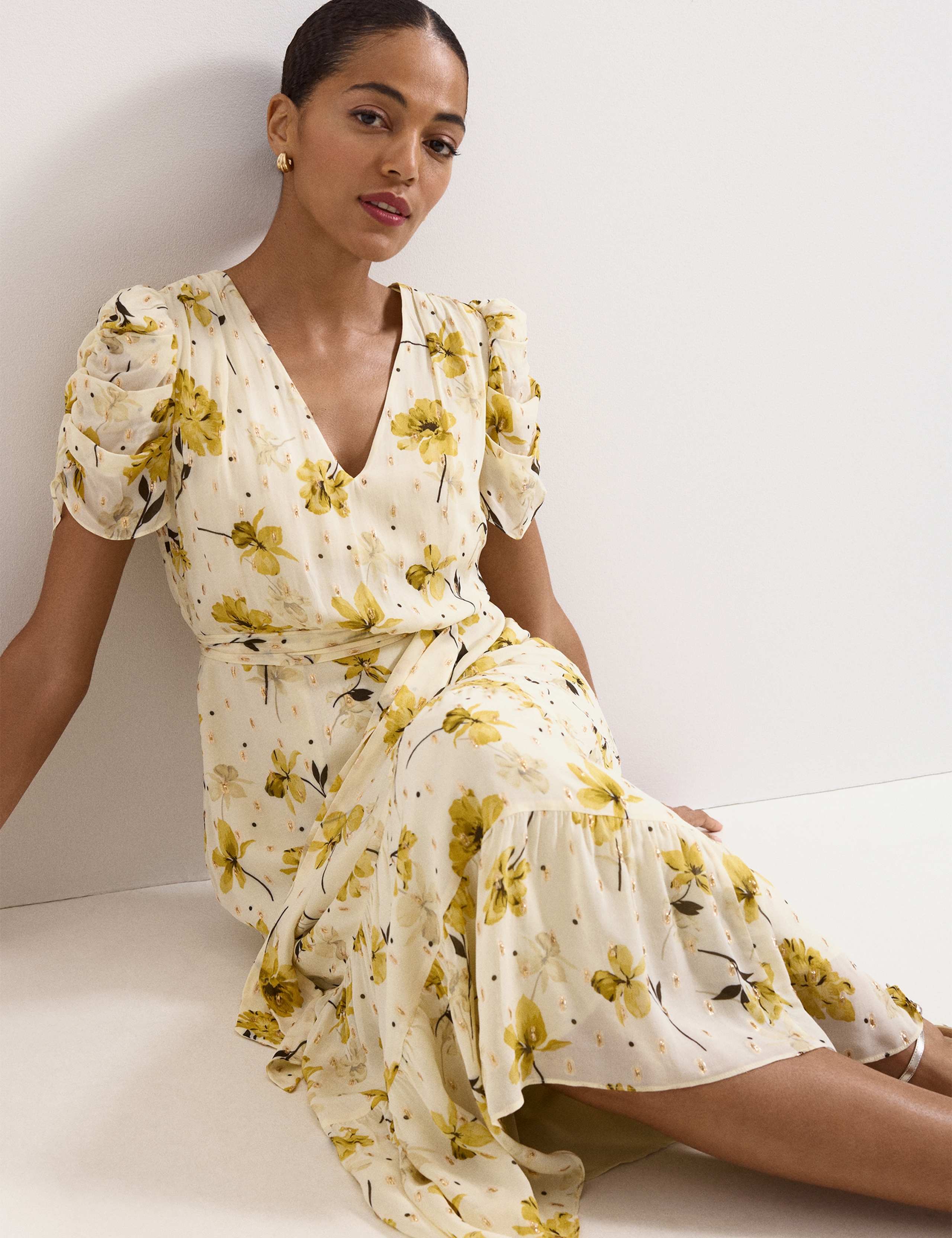 Floral V-Neck Tie Waist Midi Tiered Dress 5 of 8