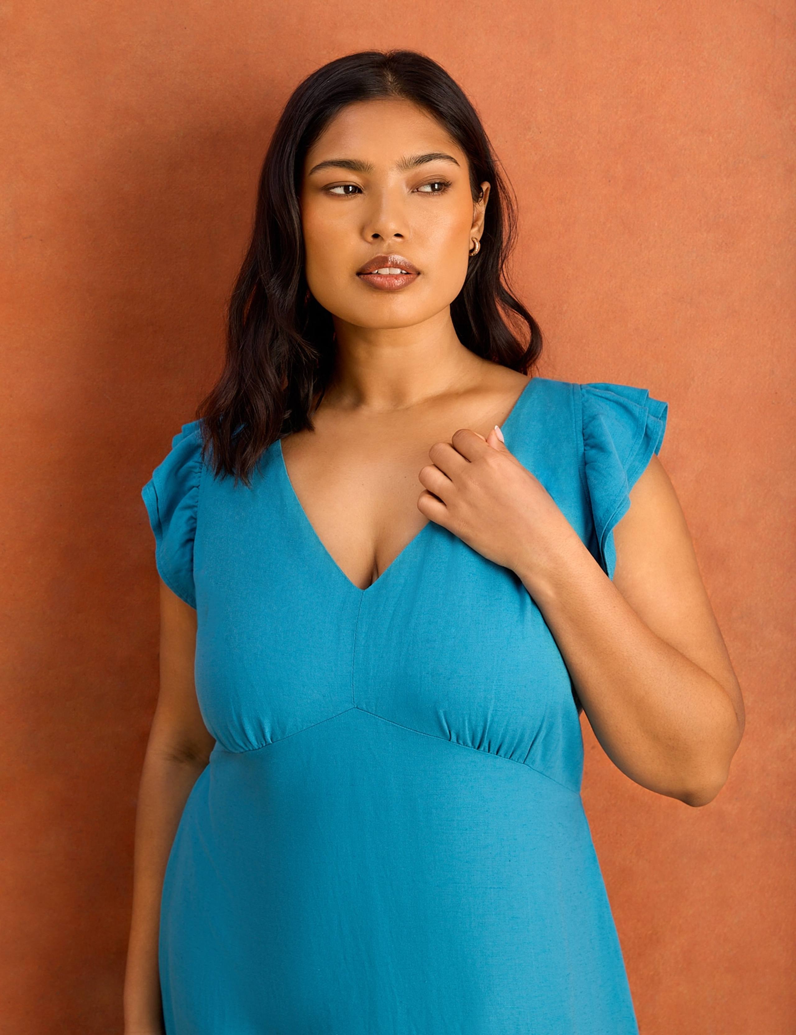 Frill Sleeve V-Neck Midi Tea Dress with Linen 5 of 6
