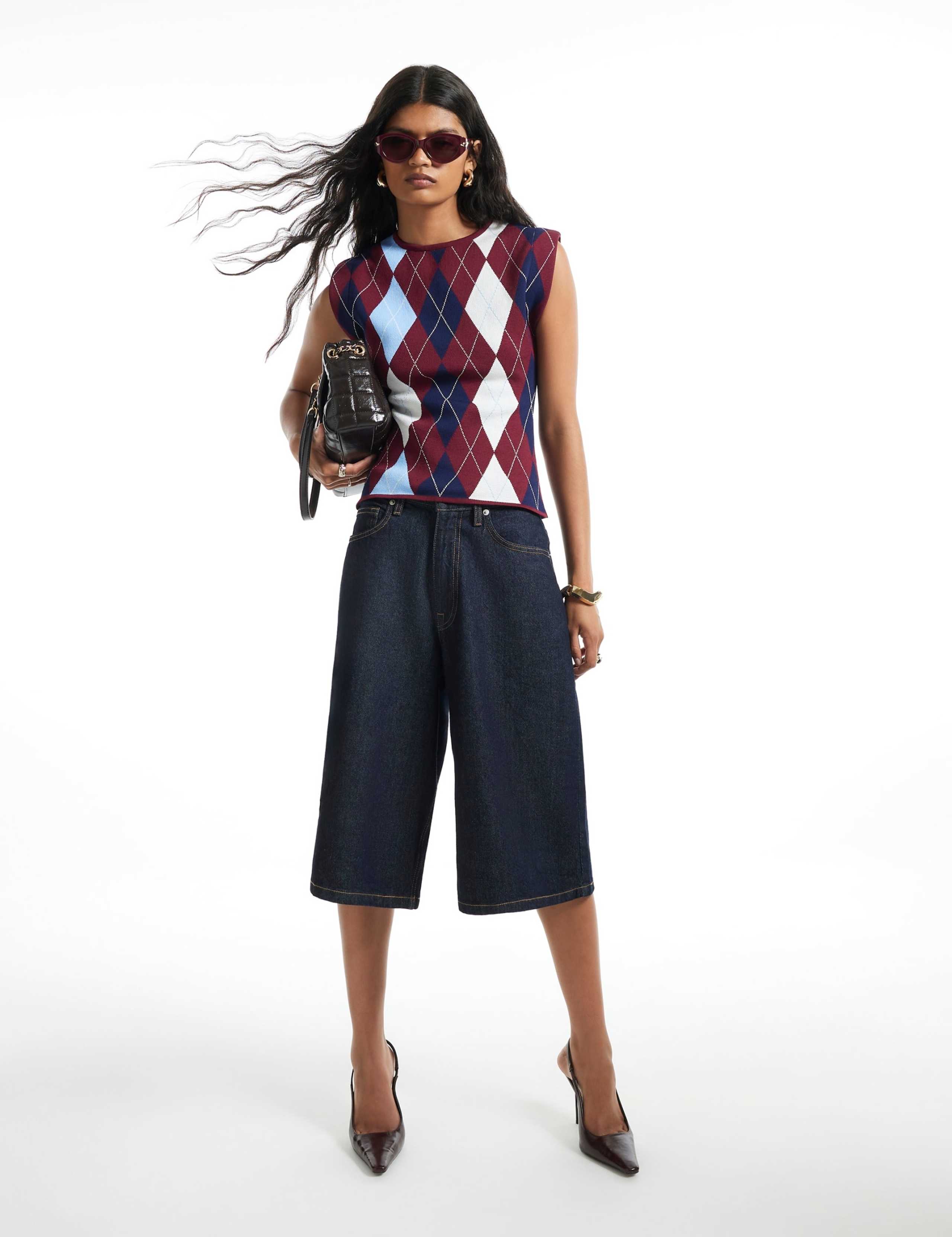Pure Cotton Argyle Fitted Knitted Top 2 of 4