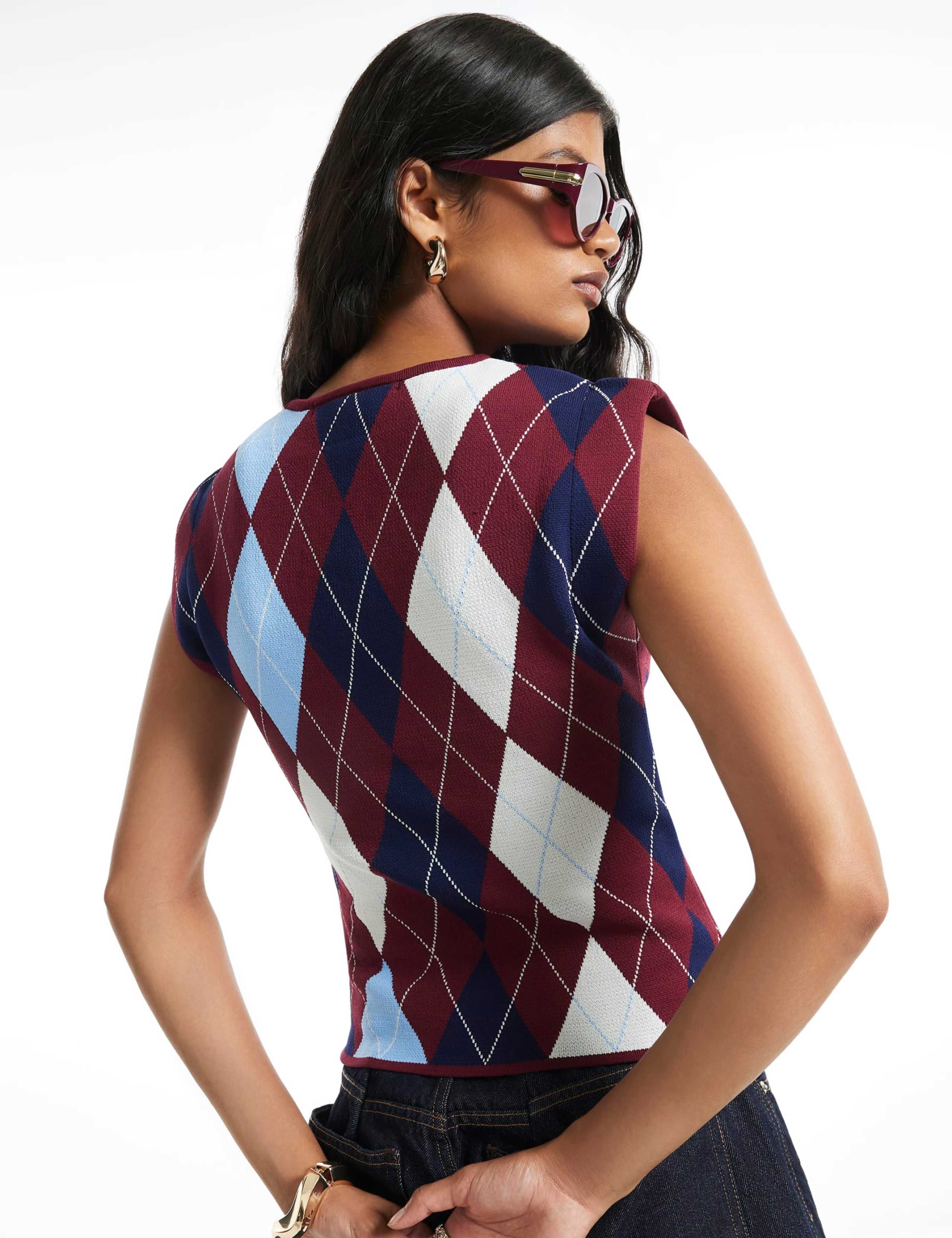 Pure Cotton Argyle Fitted Knitted Top 3 of 4