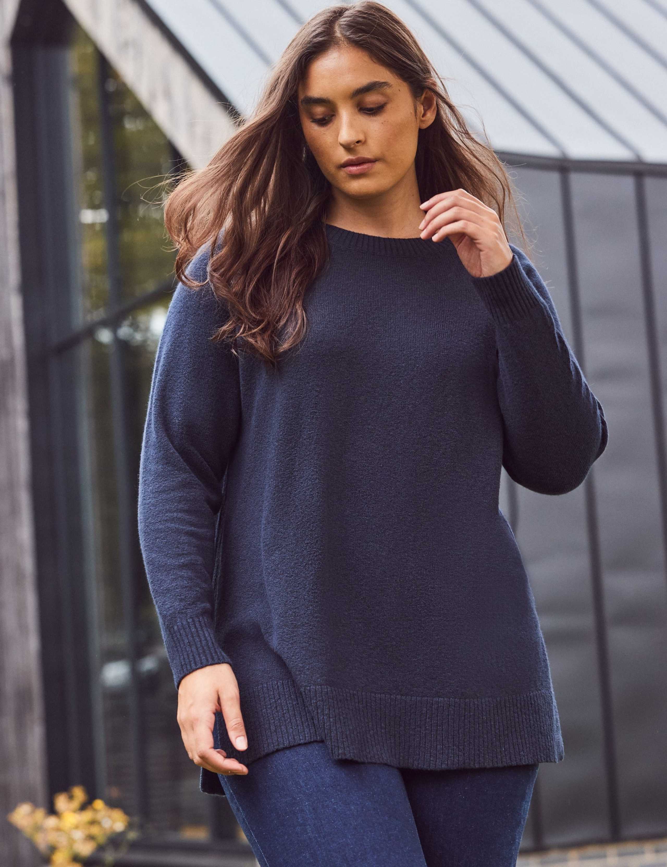Cotton Blend Crew Neck Longline Jumper 1 of 8