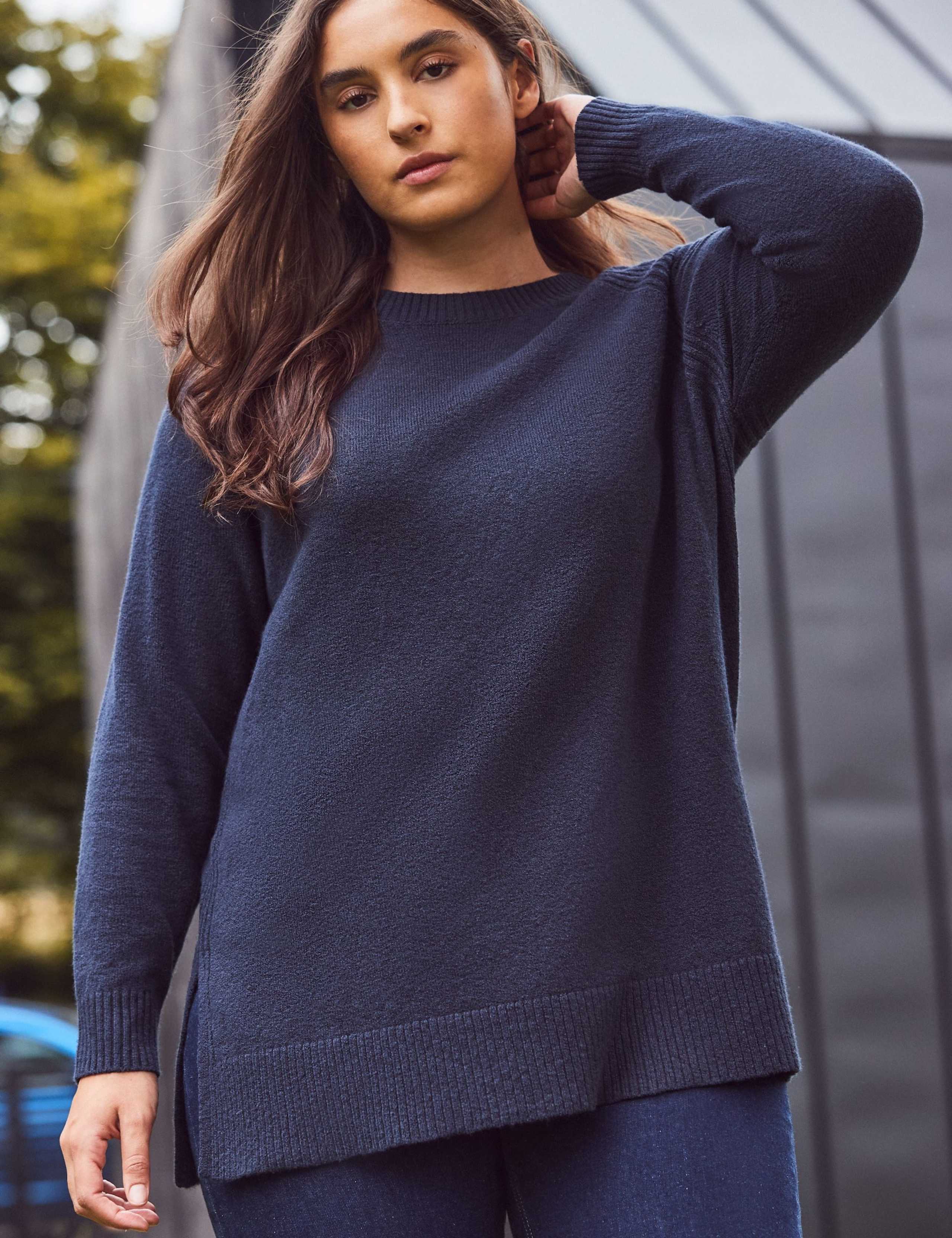 Cotton Blend Crew Neck Longline Jumper 4 of 8