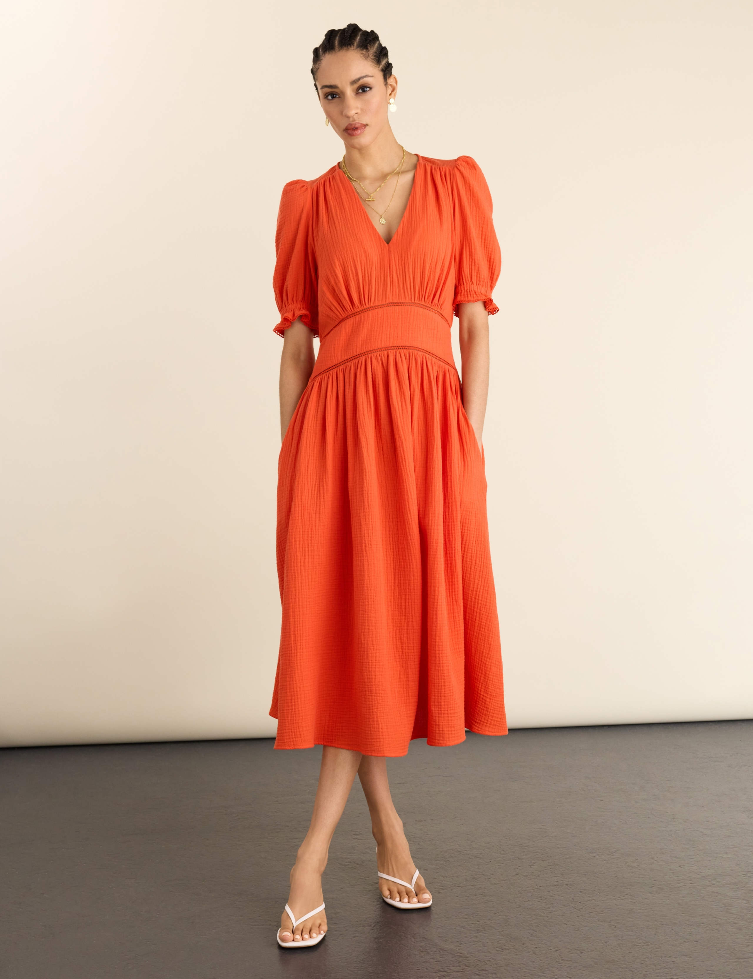 Pure Cotton Cheesecloth V-Neck Midi Dress 1 of 6