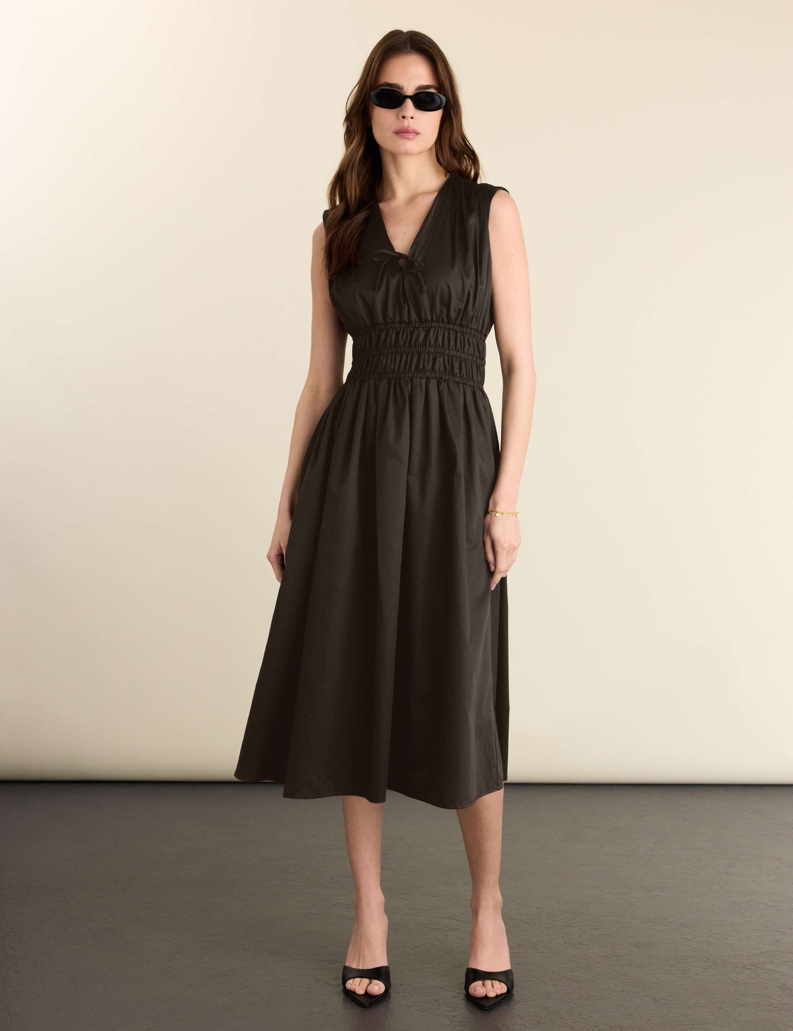 Pure Cotton V-Neck Midi Waisted Dress 1 of 5