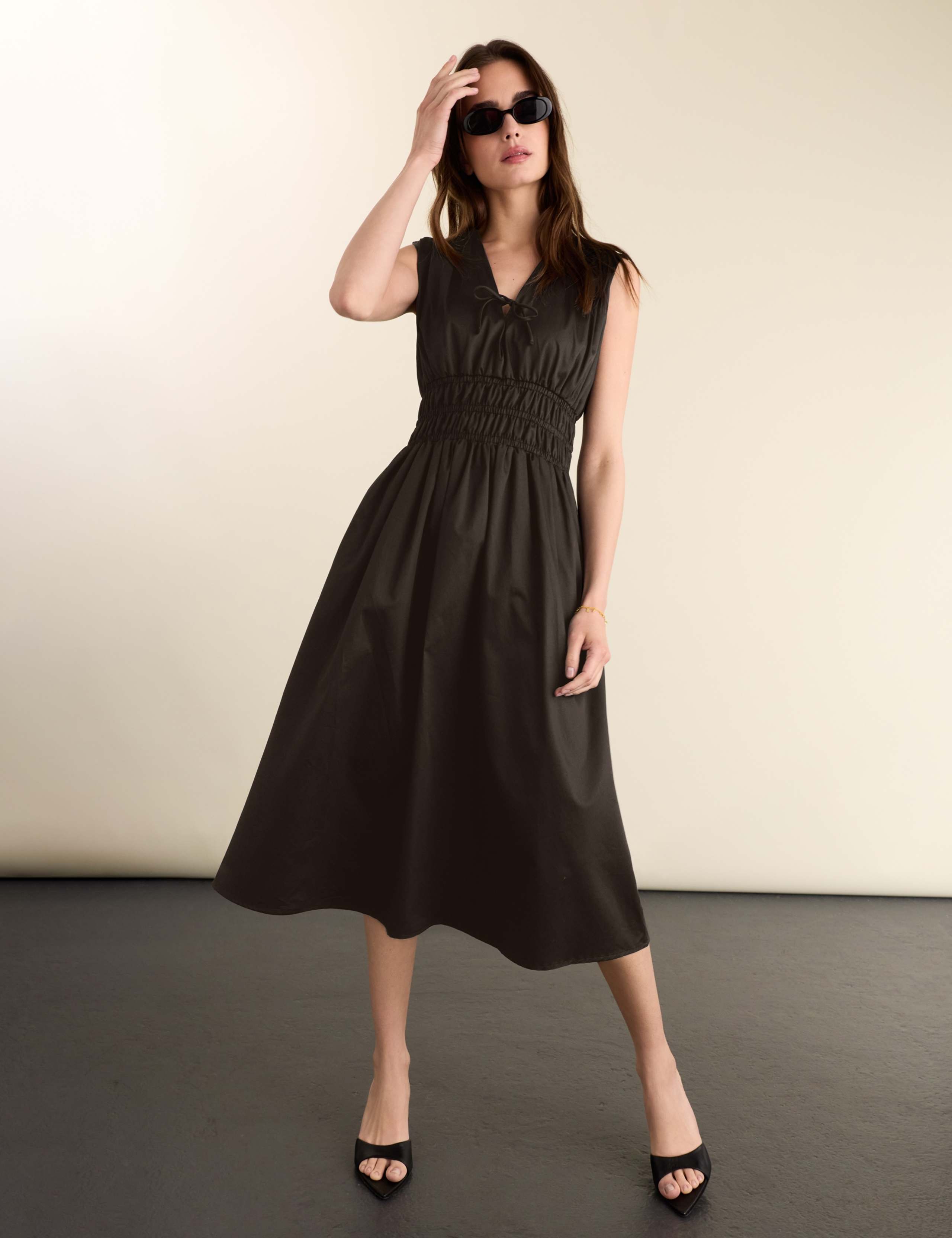 Pure Cotton V-Neck Midi Waisted Dress 4 of 5