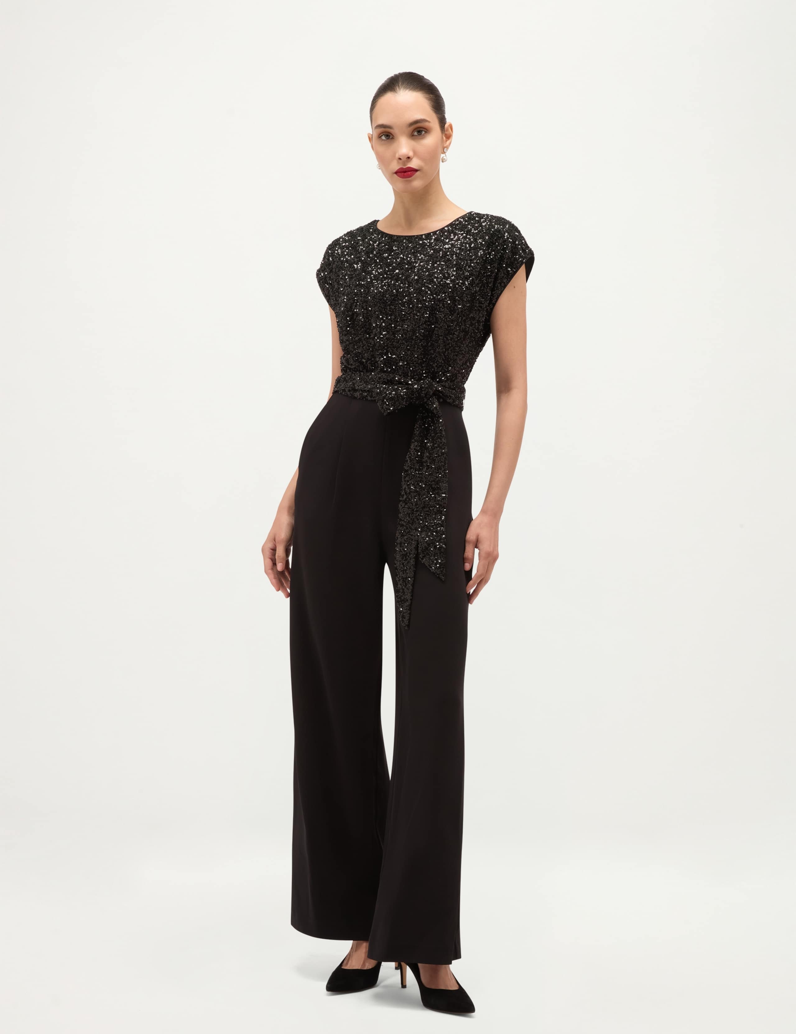 Crepe Sequin Tie Waist Wide Leg Jumpsuit 1 of 7