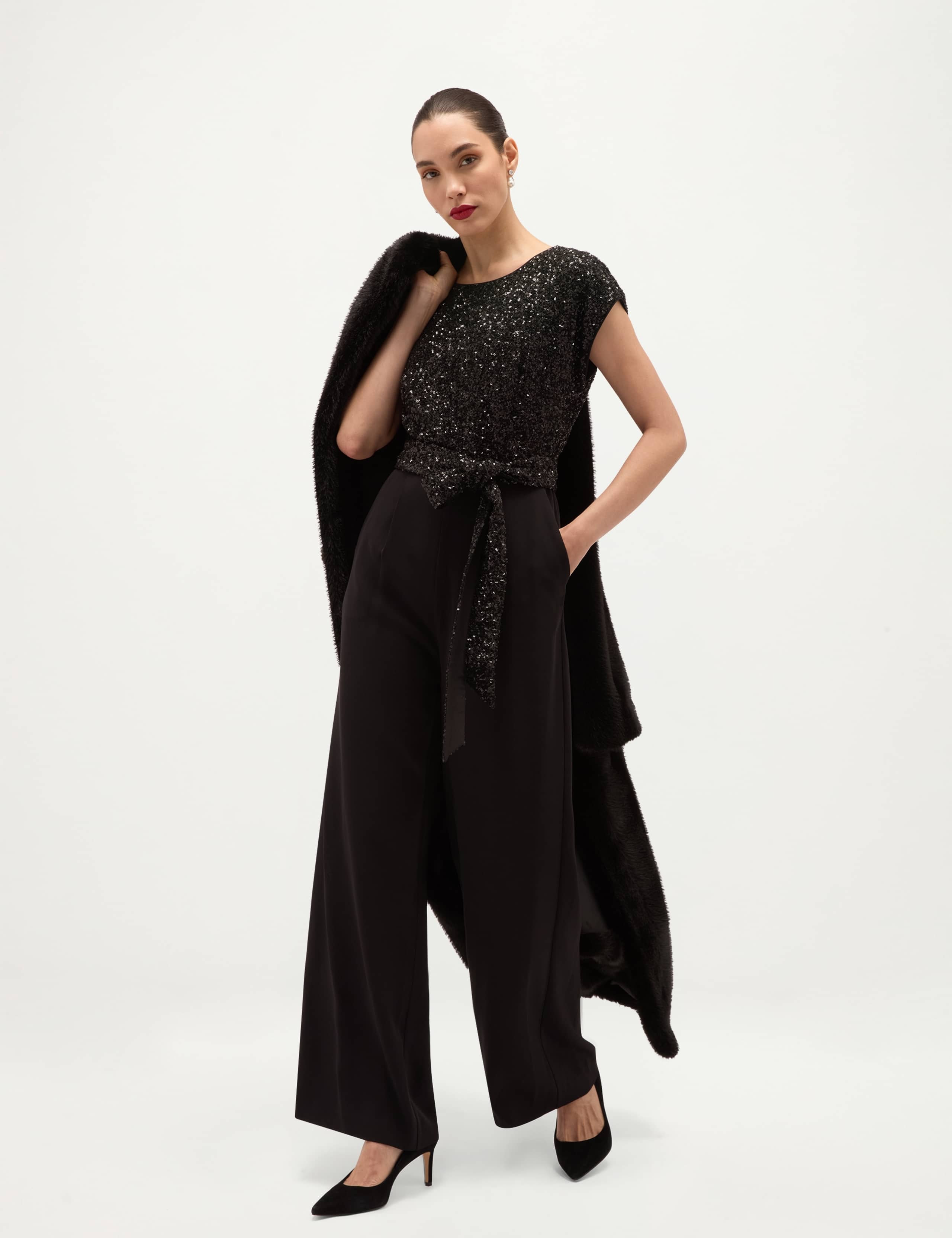 Crepe Sequin Tie Waist Wide Leg Jumpsuit 6 of 7