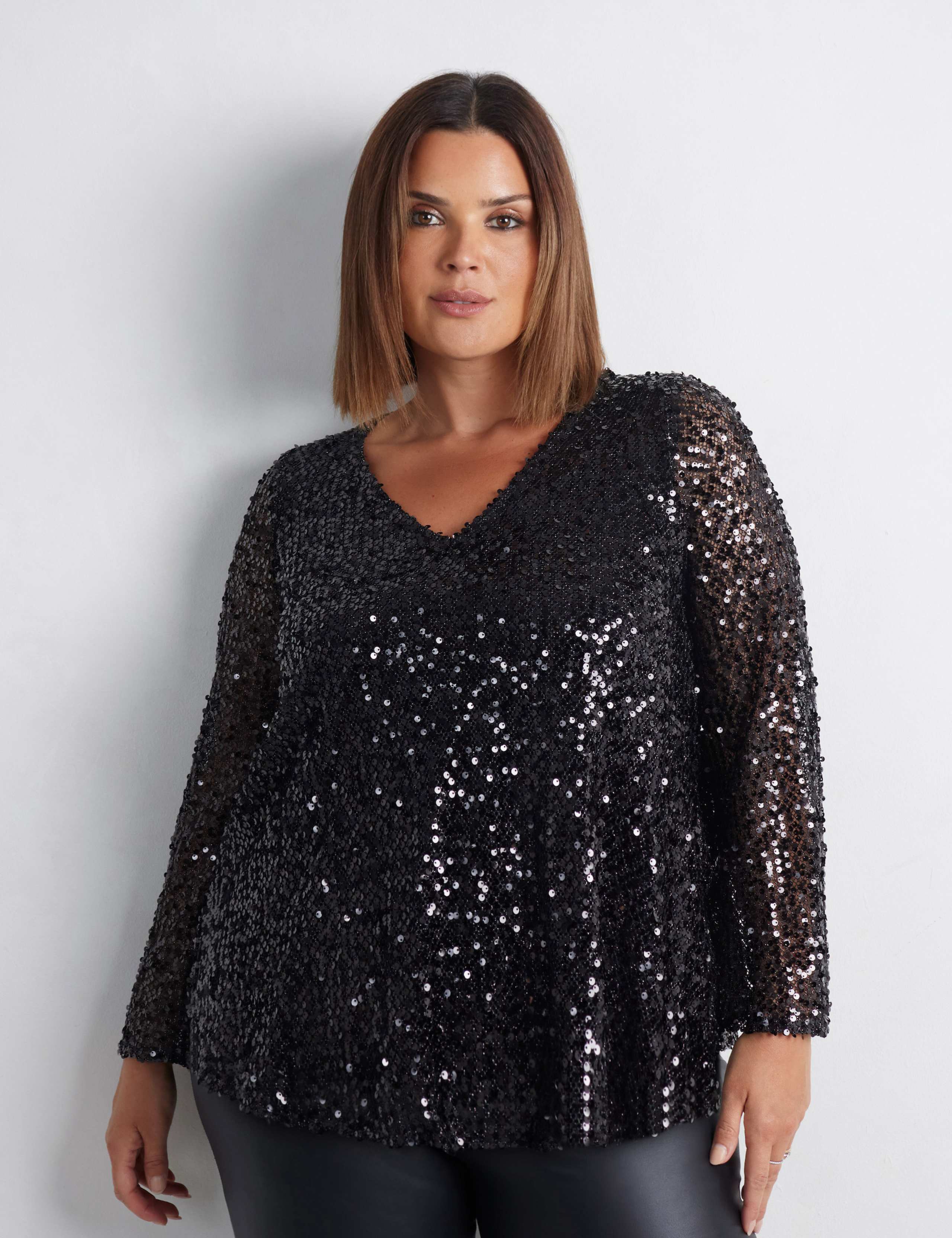 Mesh Jersey Sequin V-Neck Top 1 of 4