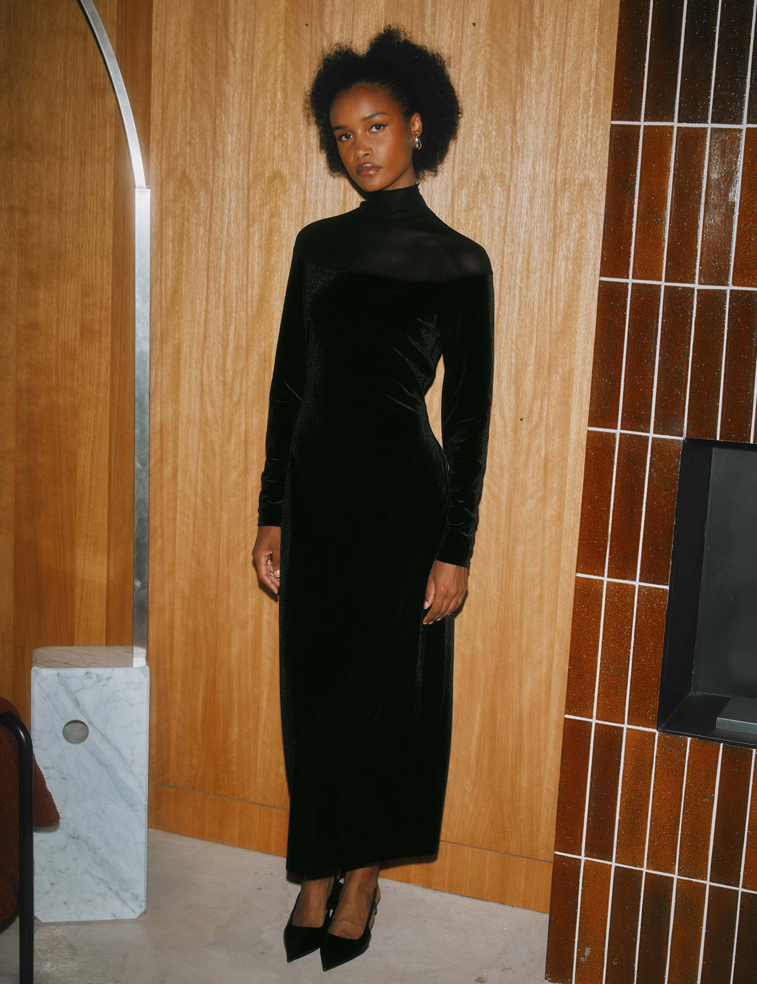 Mesh & Velvet Funnel Neck Midi Column Dress 3 of 6