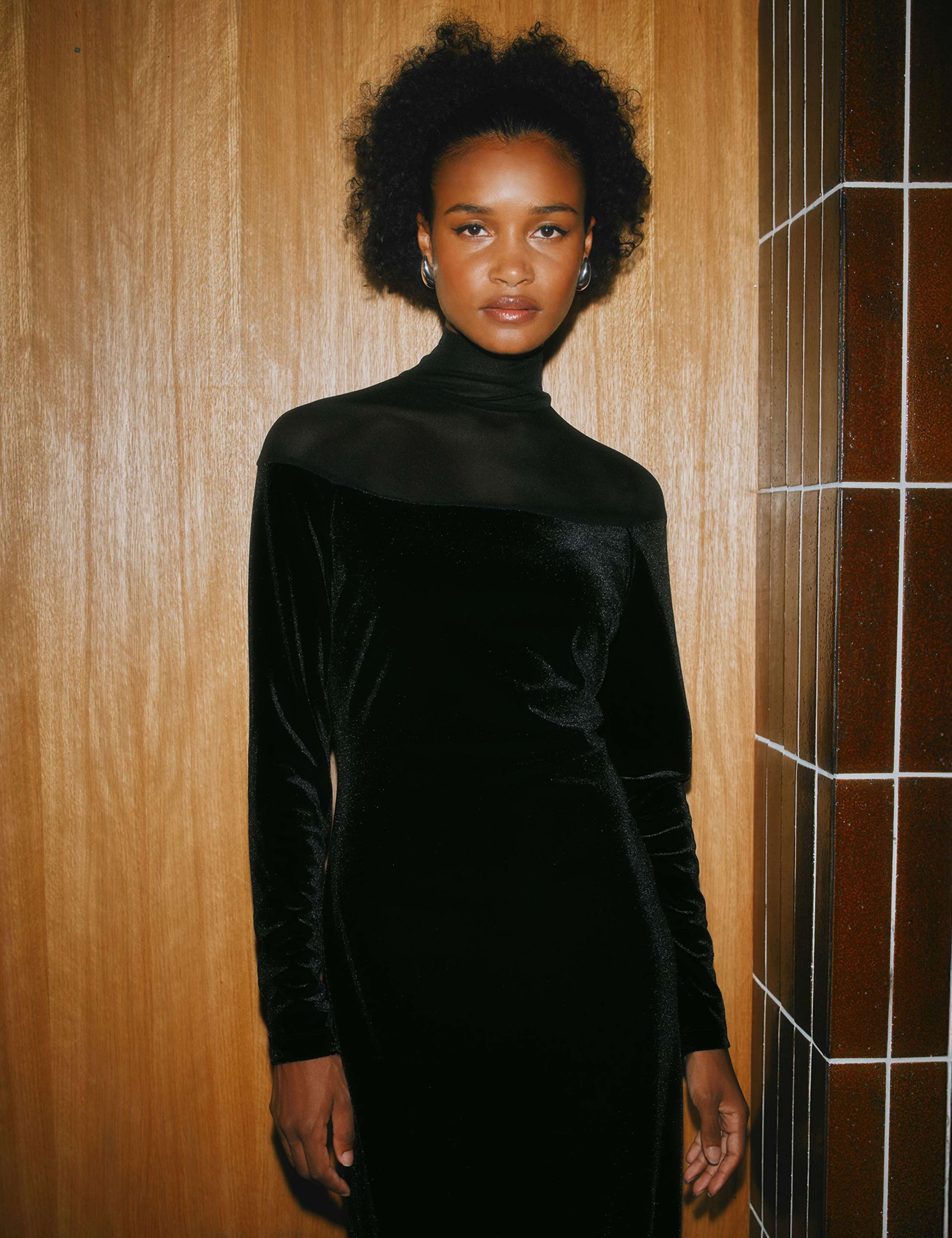 Mesh & Velvet Funnel Neck Midi Column Dress 5 of 6