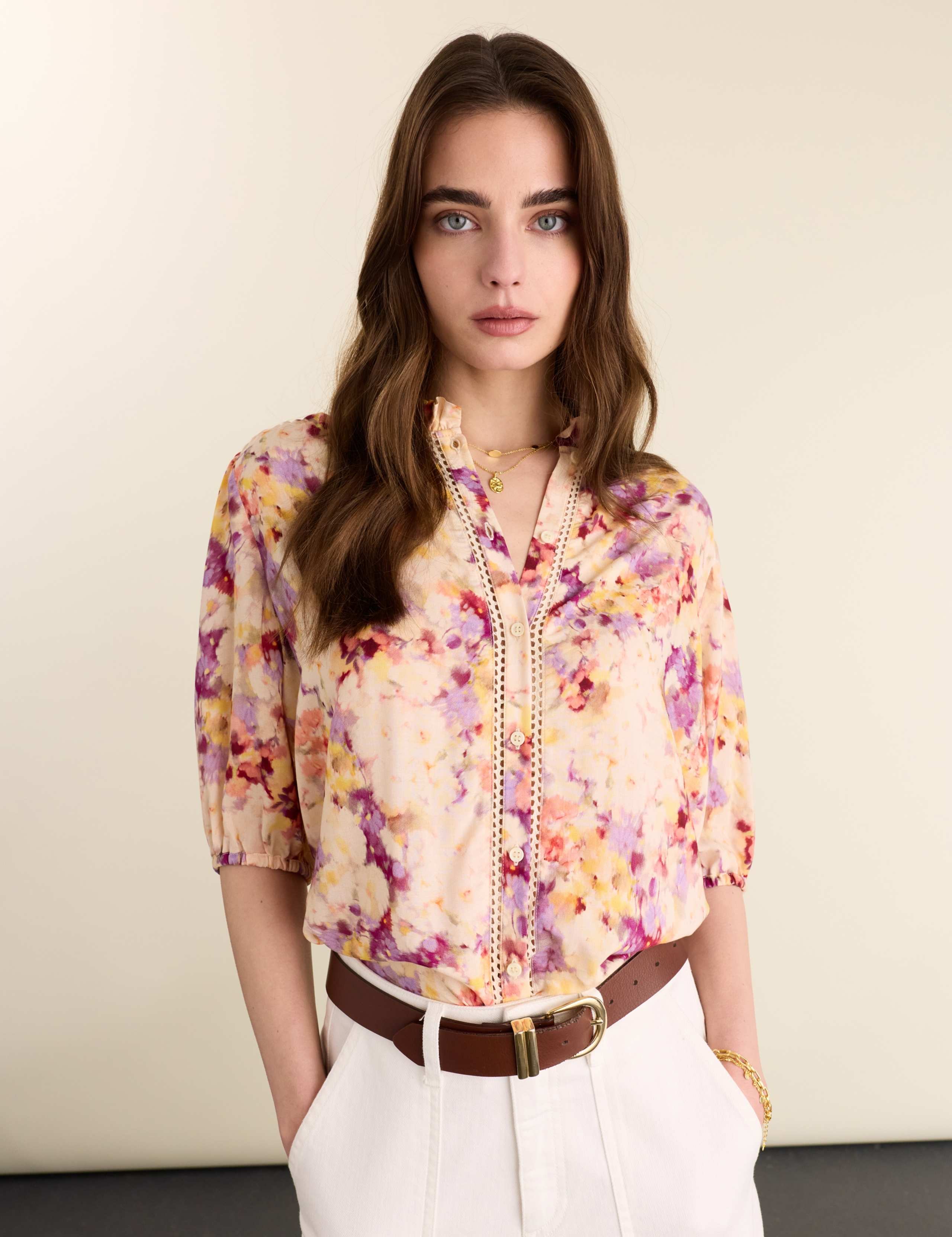 Floral Frill Neck Button Through Blouse 1 of 3