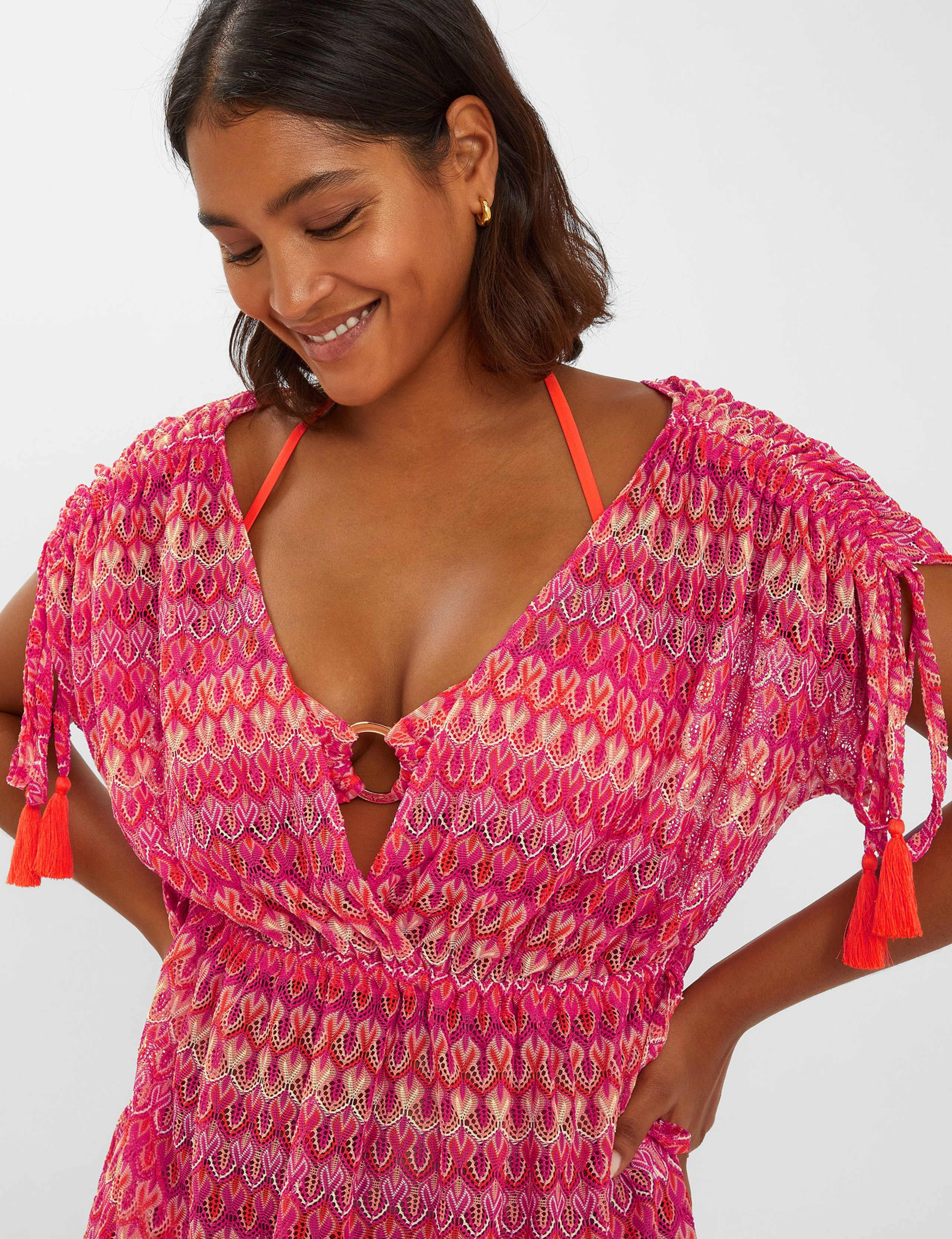 Printed Crochet V-Neck Mini Kaftan 4 of 4
