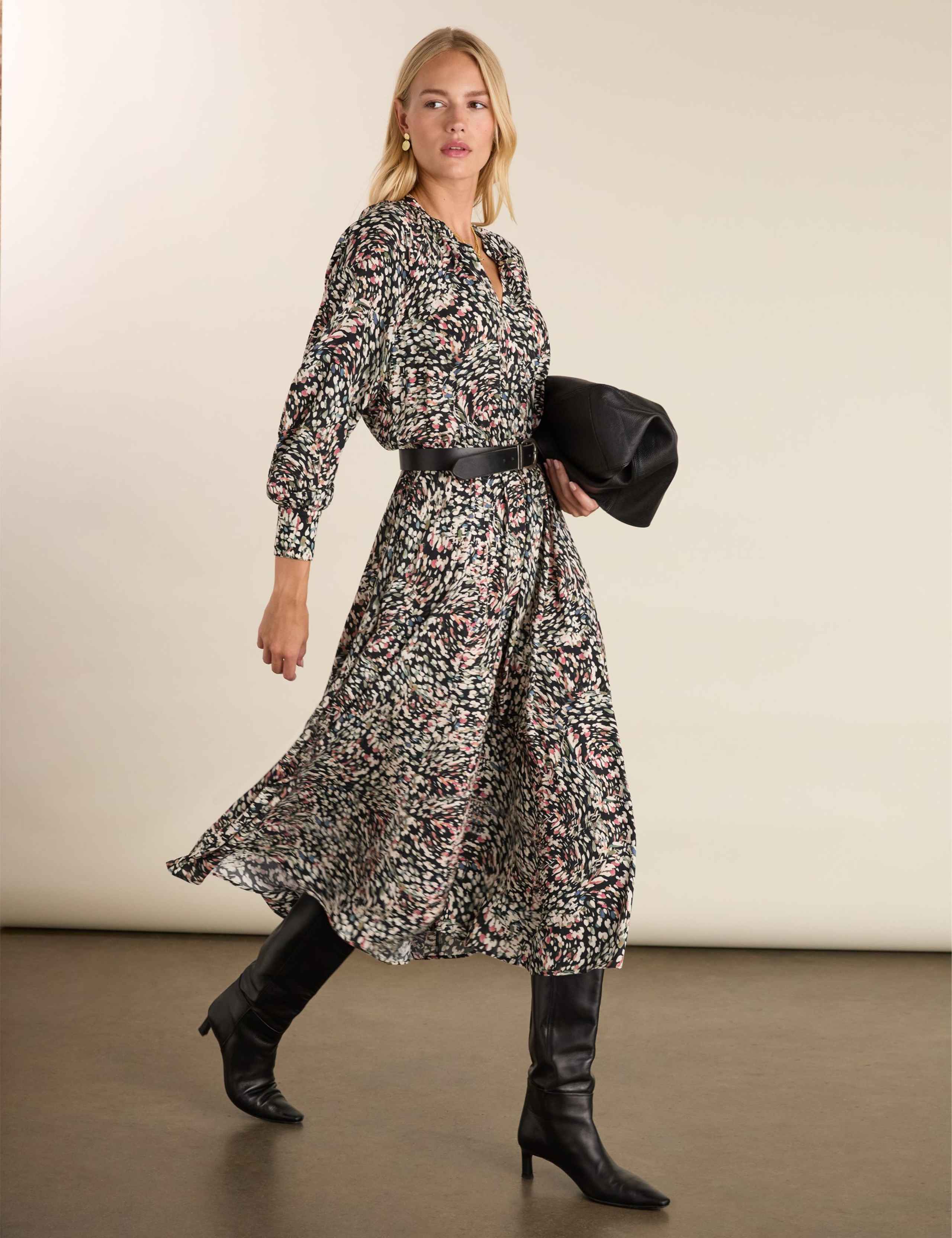 Printed Band Collar Midi Waisted Dress 1 of 5