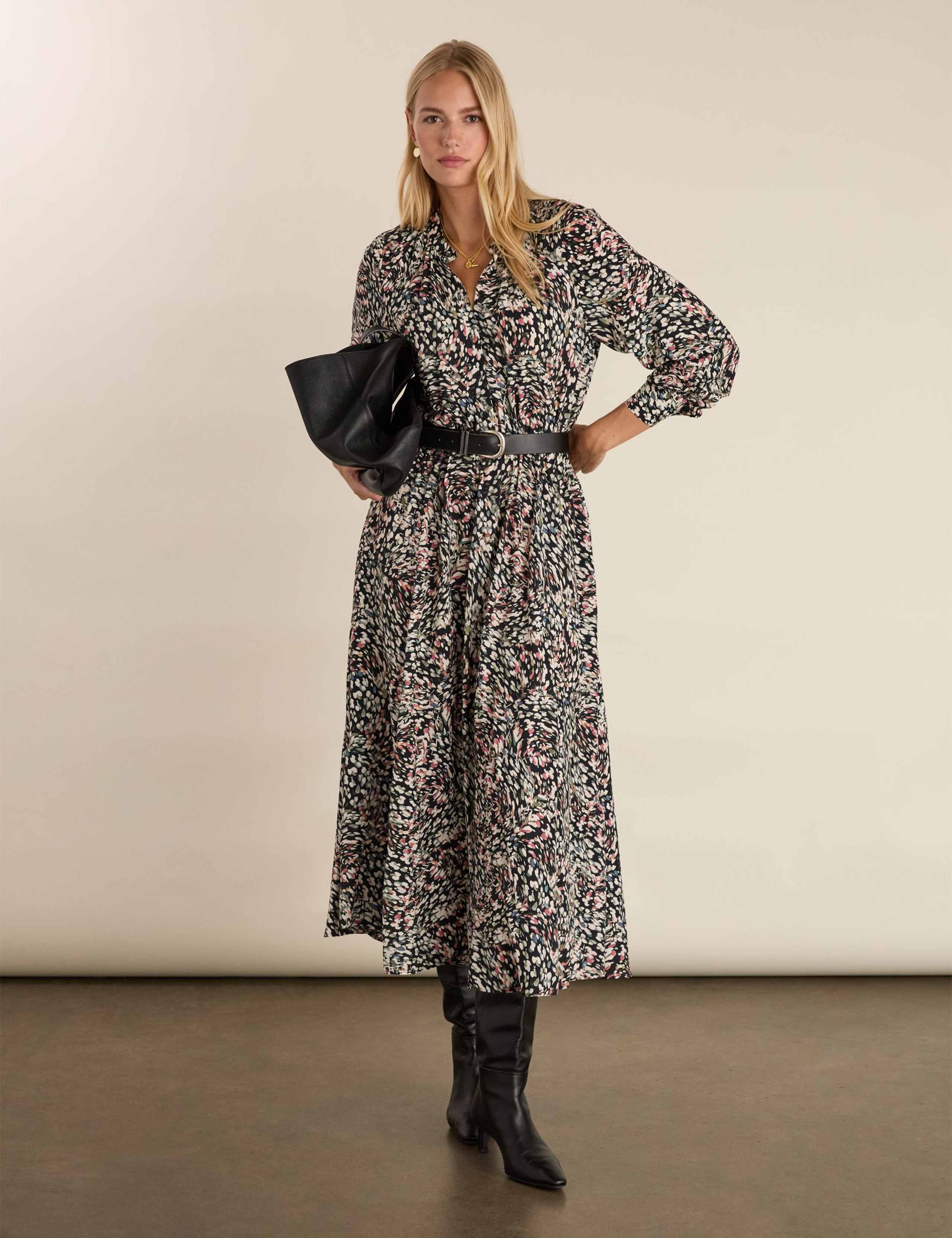 Printed Band Collar Midi Waisted Dress 3 of 5