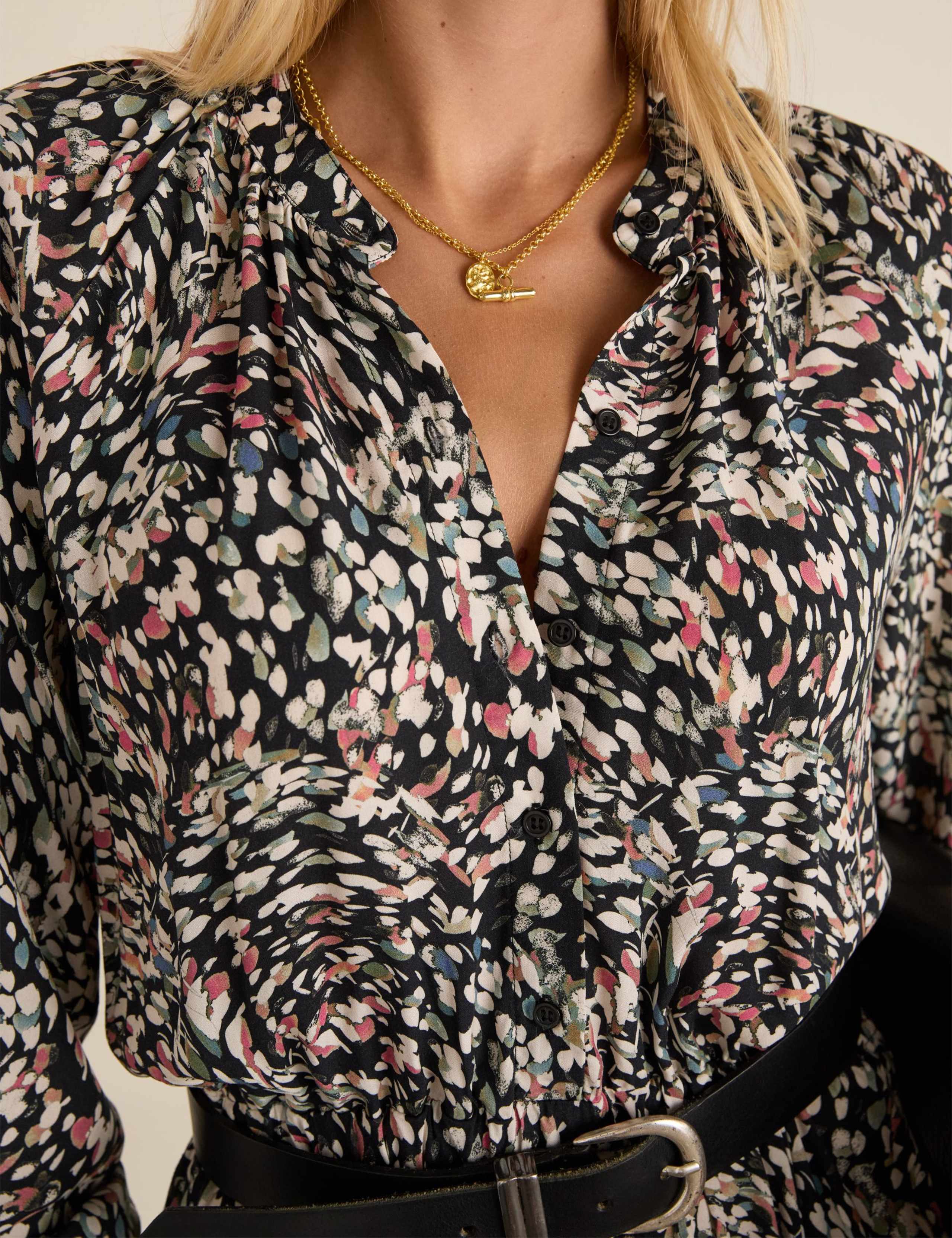 Printed Band Collar Midi Waisted Dress 5 of 5