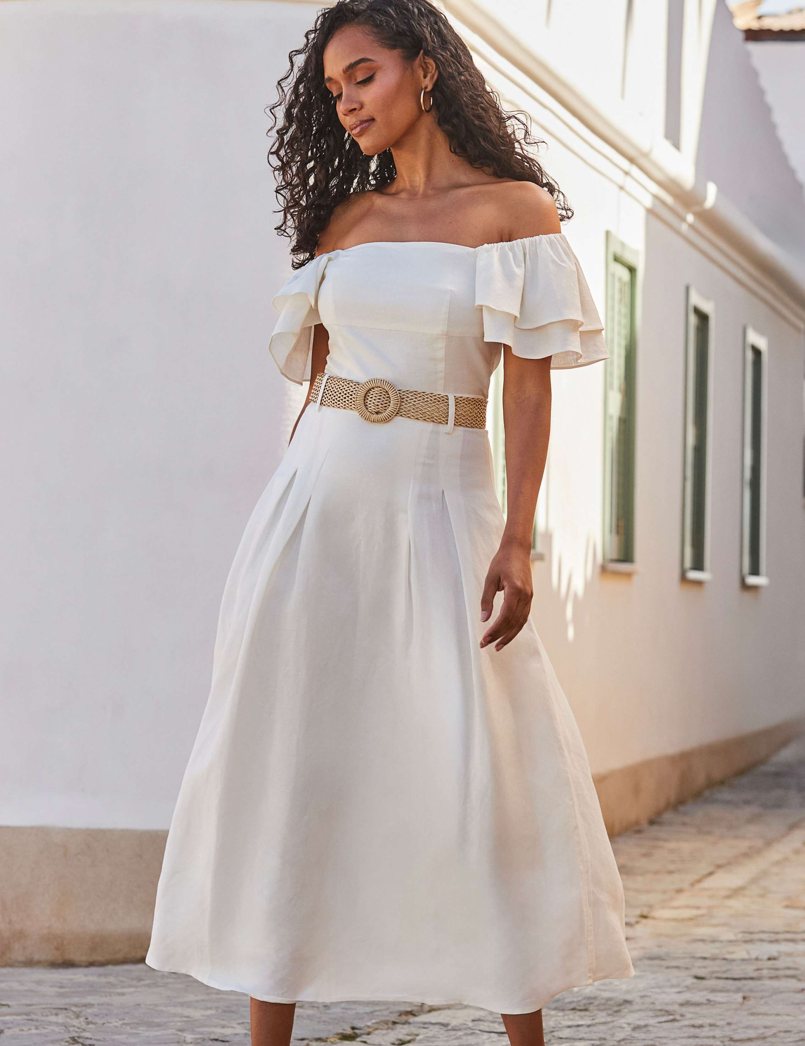 Linen Blend Square Neck Ruffle Sleeve Bardot Top 5 of 7