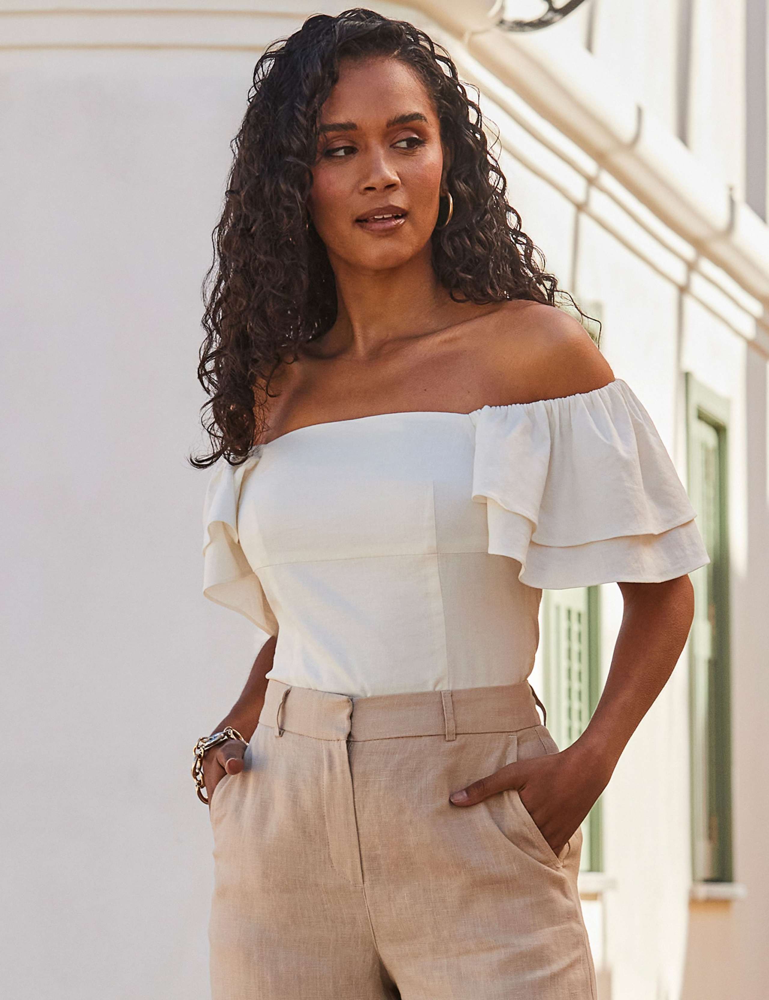 Linen Blend Square Neck Ruffle Sleeve Bardot Top 6 of 7