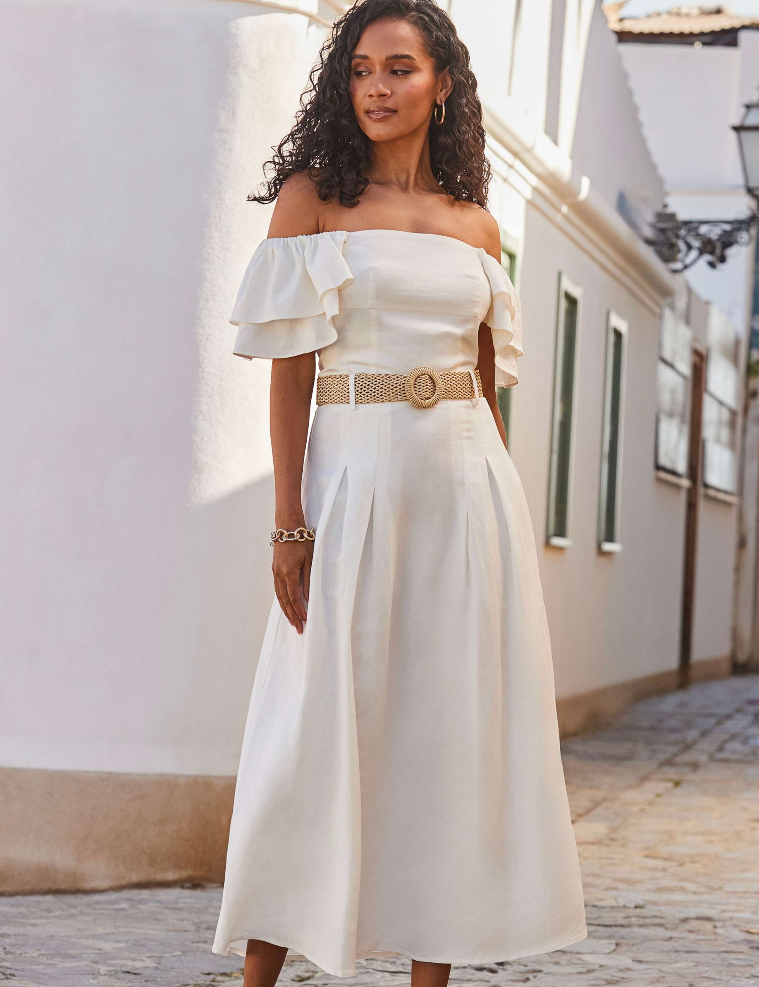 Linen Blend Square Neck Ruffle Sleeve Bardot Top 7 of 7