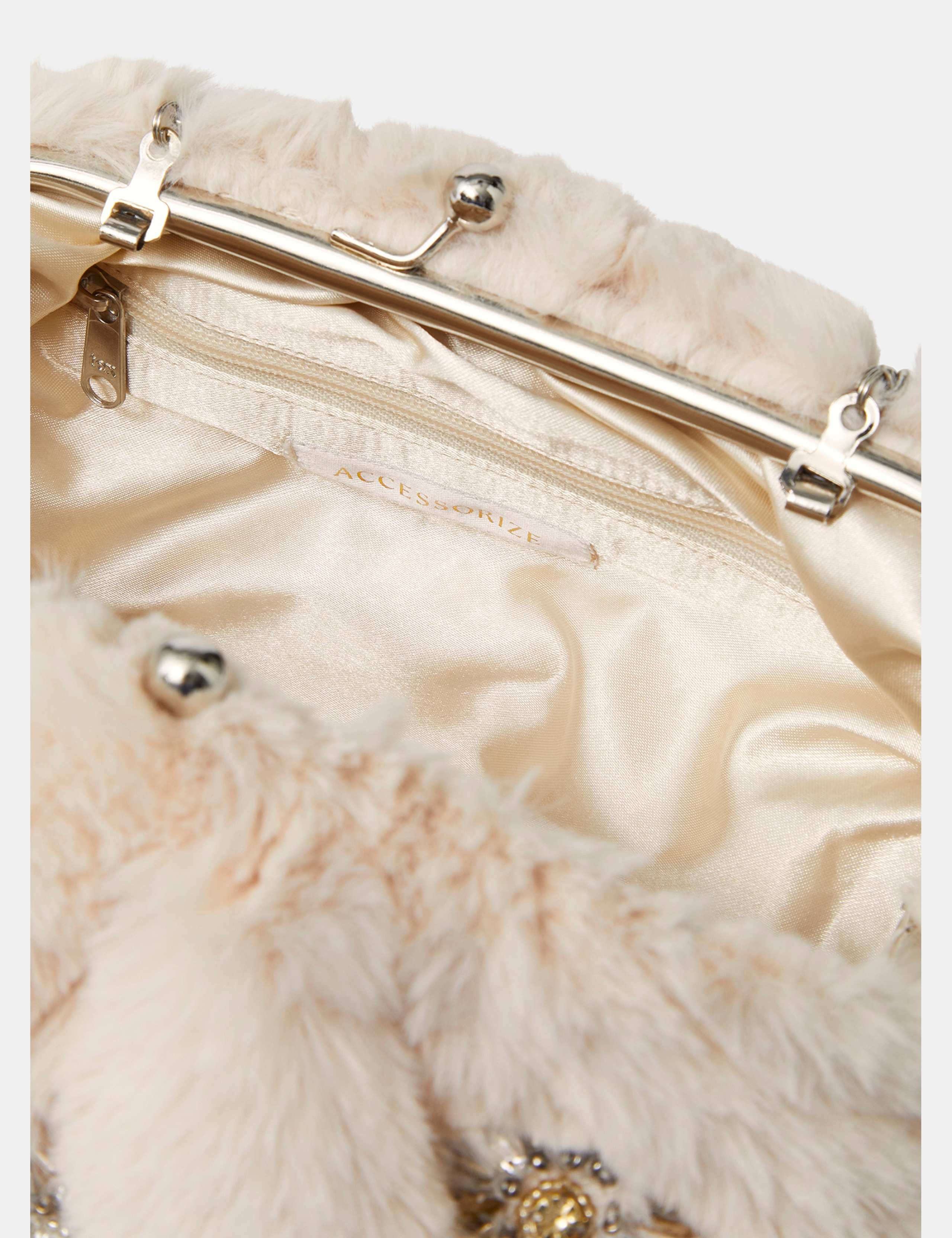 Faux Fur Brooch Embellished Clutch Bag 3 of 4