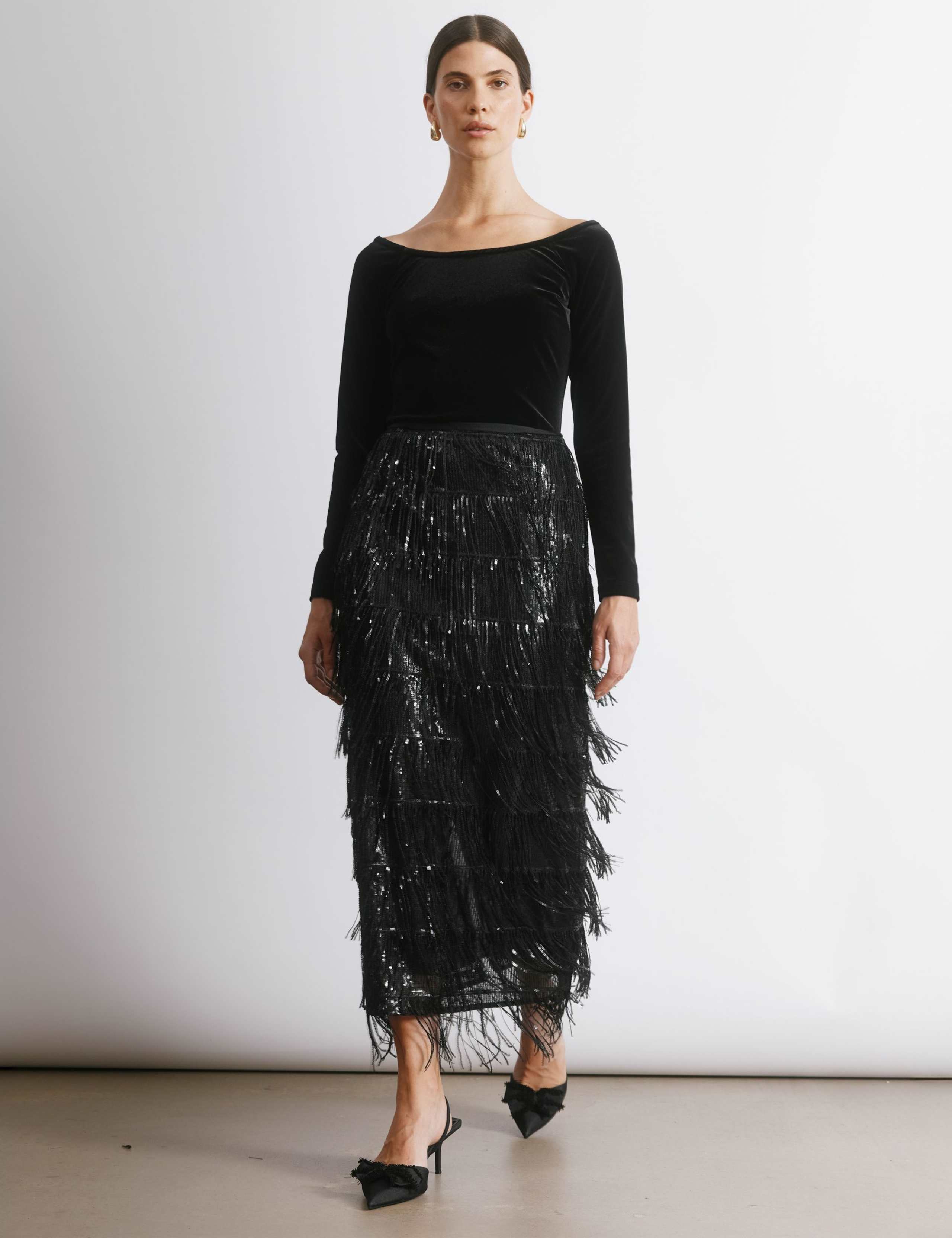 Sequin Fringe Midi Pencil Skirt 1 of 4