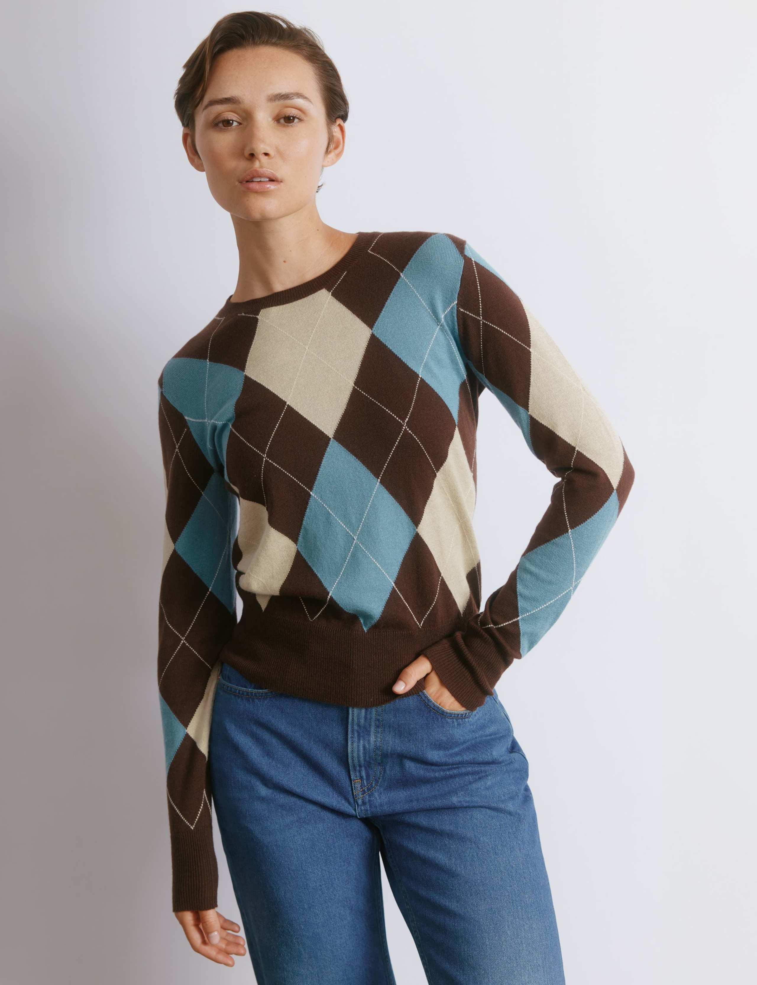 Cotton Blend Argyle Crew Neck Jumper with Wool 1 of 4