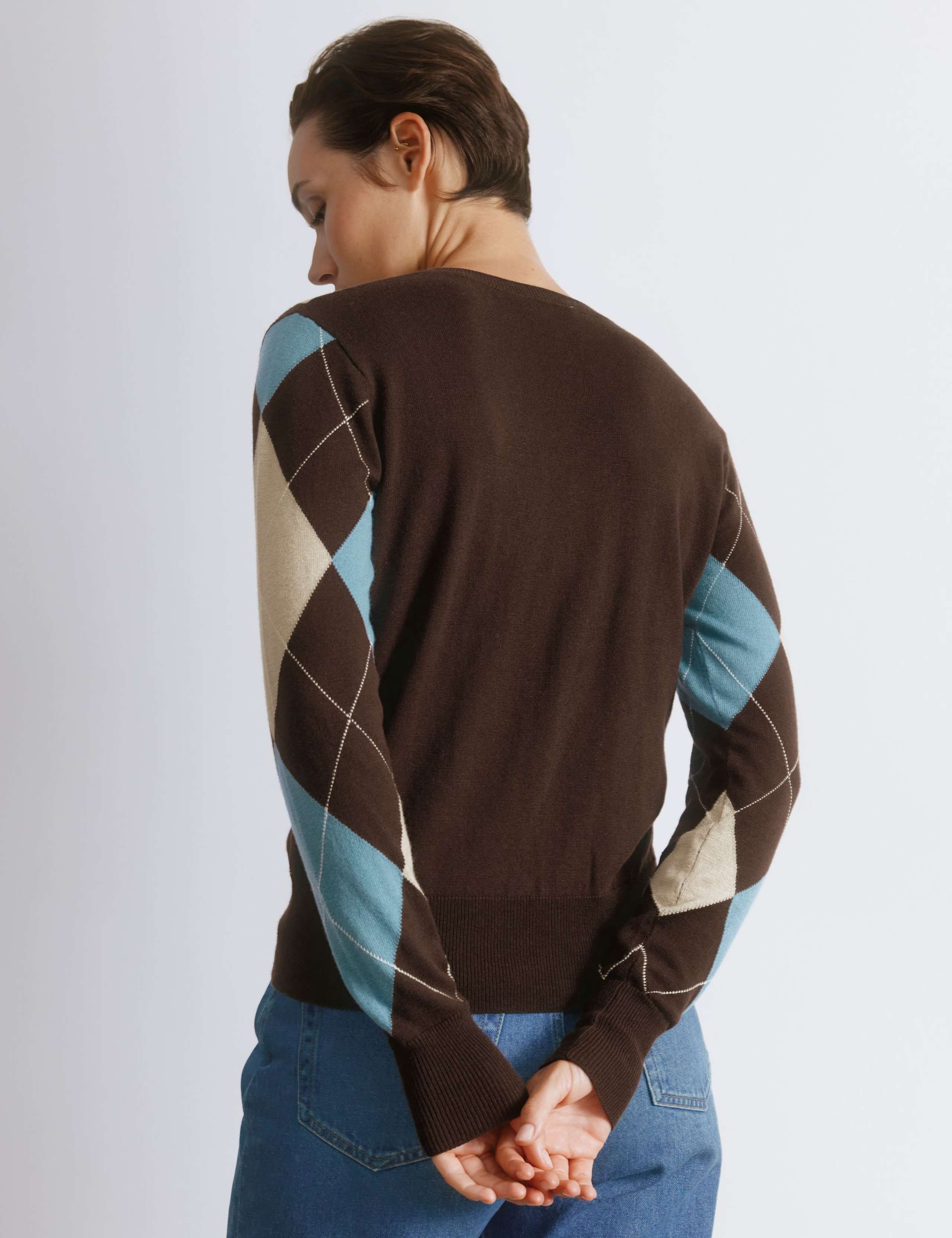 Cotton Blend Argyle Crew Neck Jumper with Wool 3 of 4