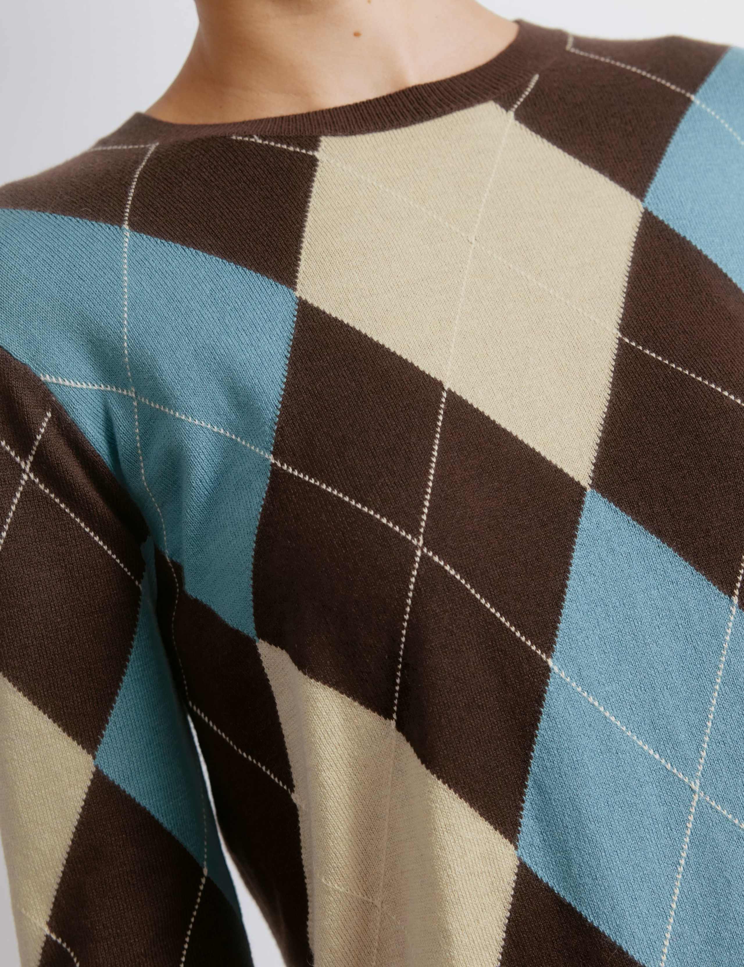 Cotton Blend Argyle Crew Neck Jumper with Wool 4 of 4