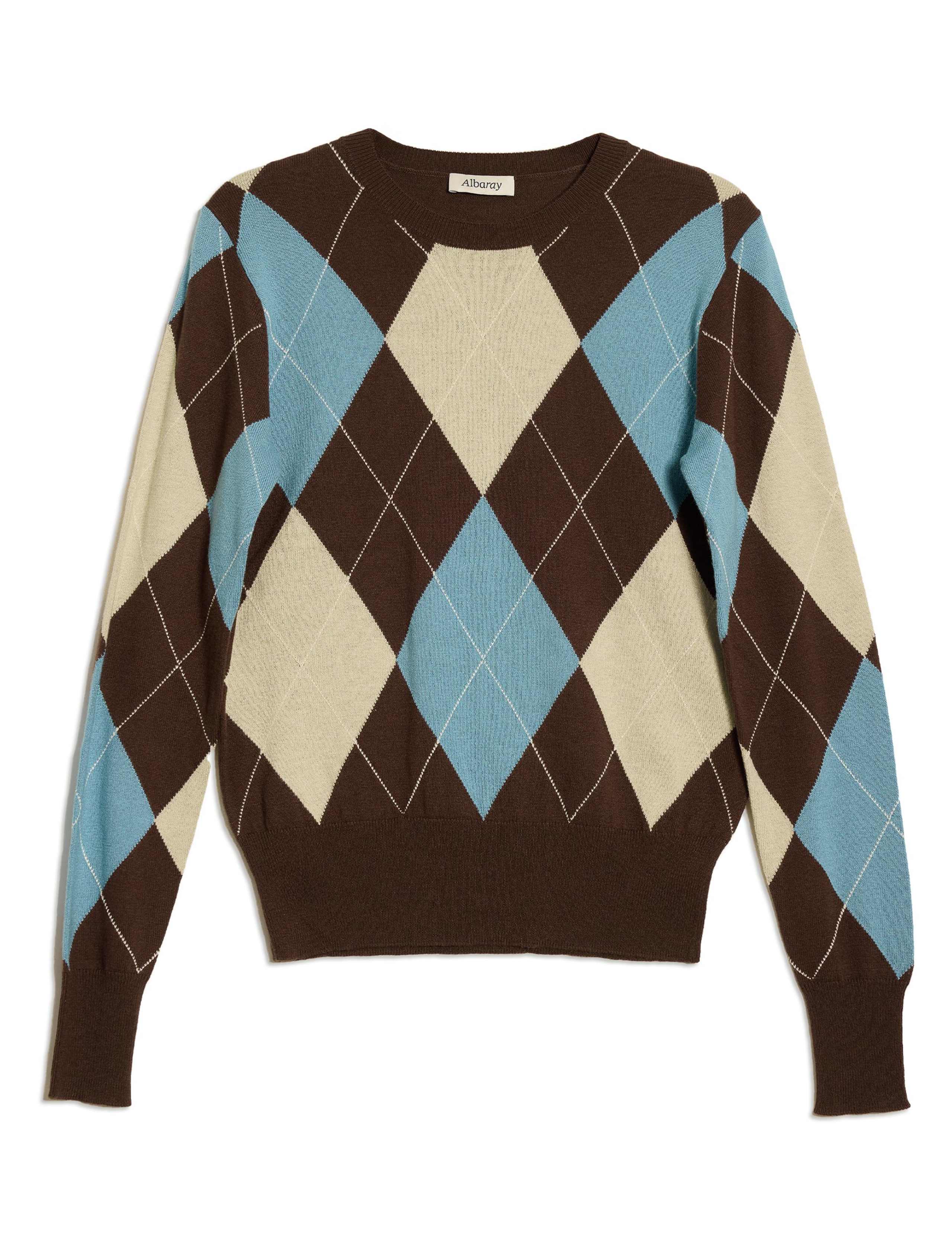 Cotton Blend Argyle Crew Neck Jumper with Wool 2 of 4