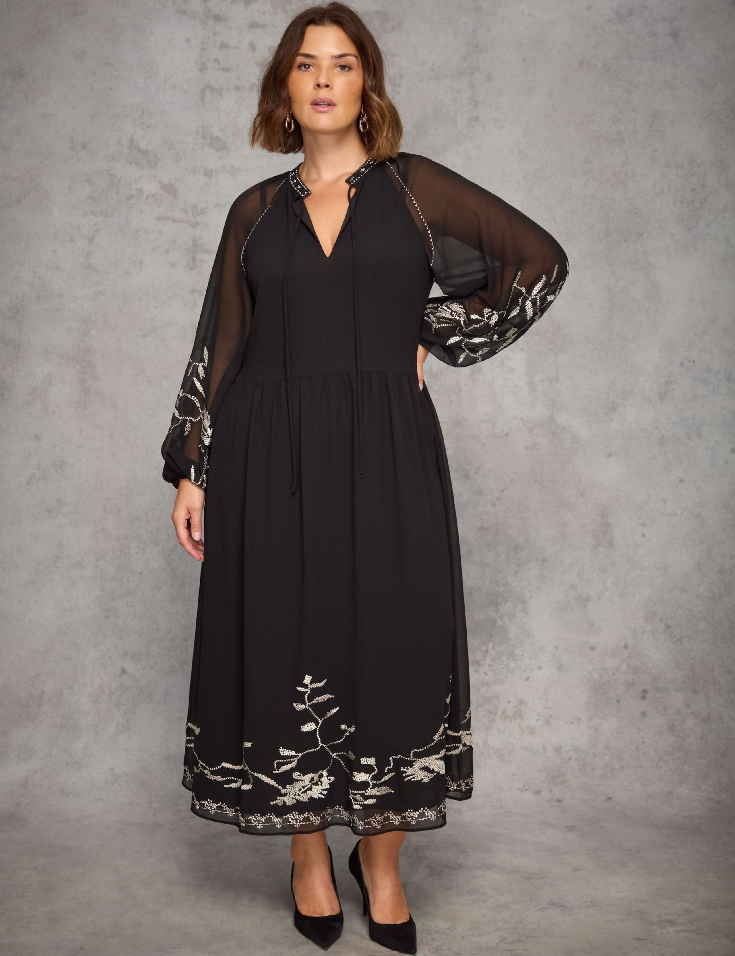 Embellished Tie Neck Midaxi Waisted Dress 1 of 6